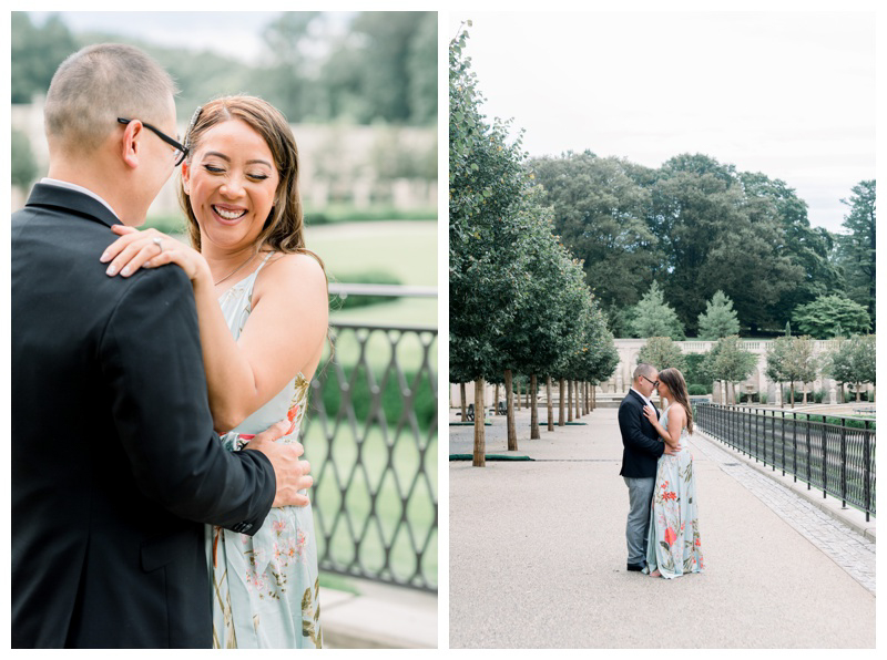 Happy couple laughs during engagement photos
