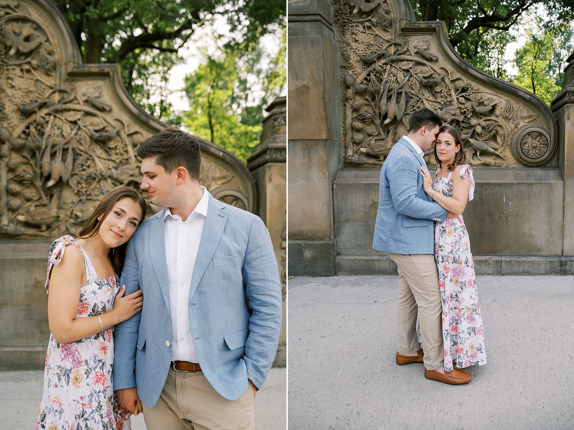 bride and groom poses against stone work in Central Park