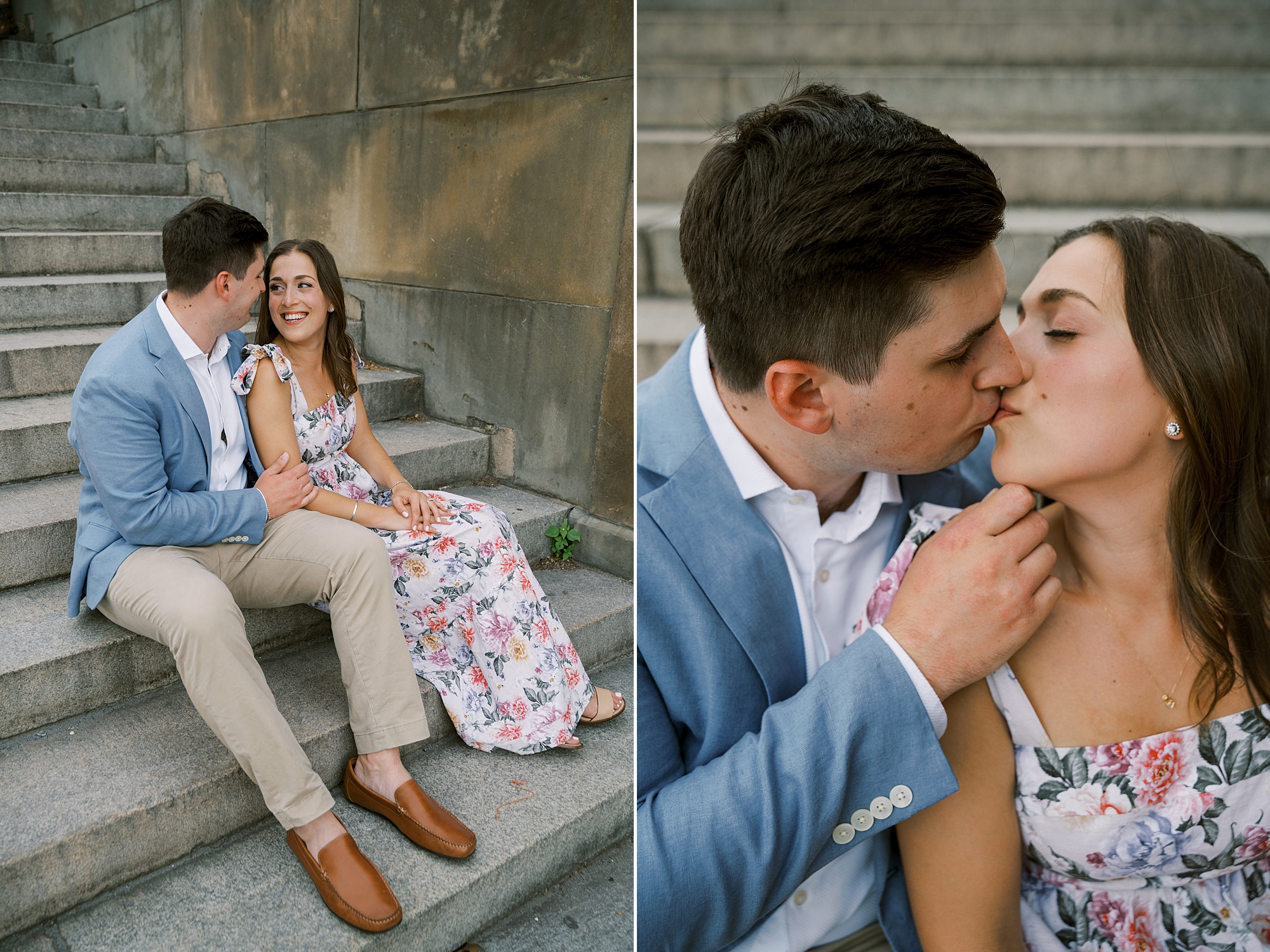 engaged couple kiss on steps in Central Park