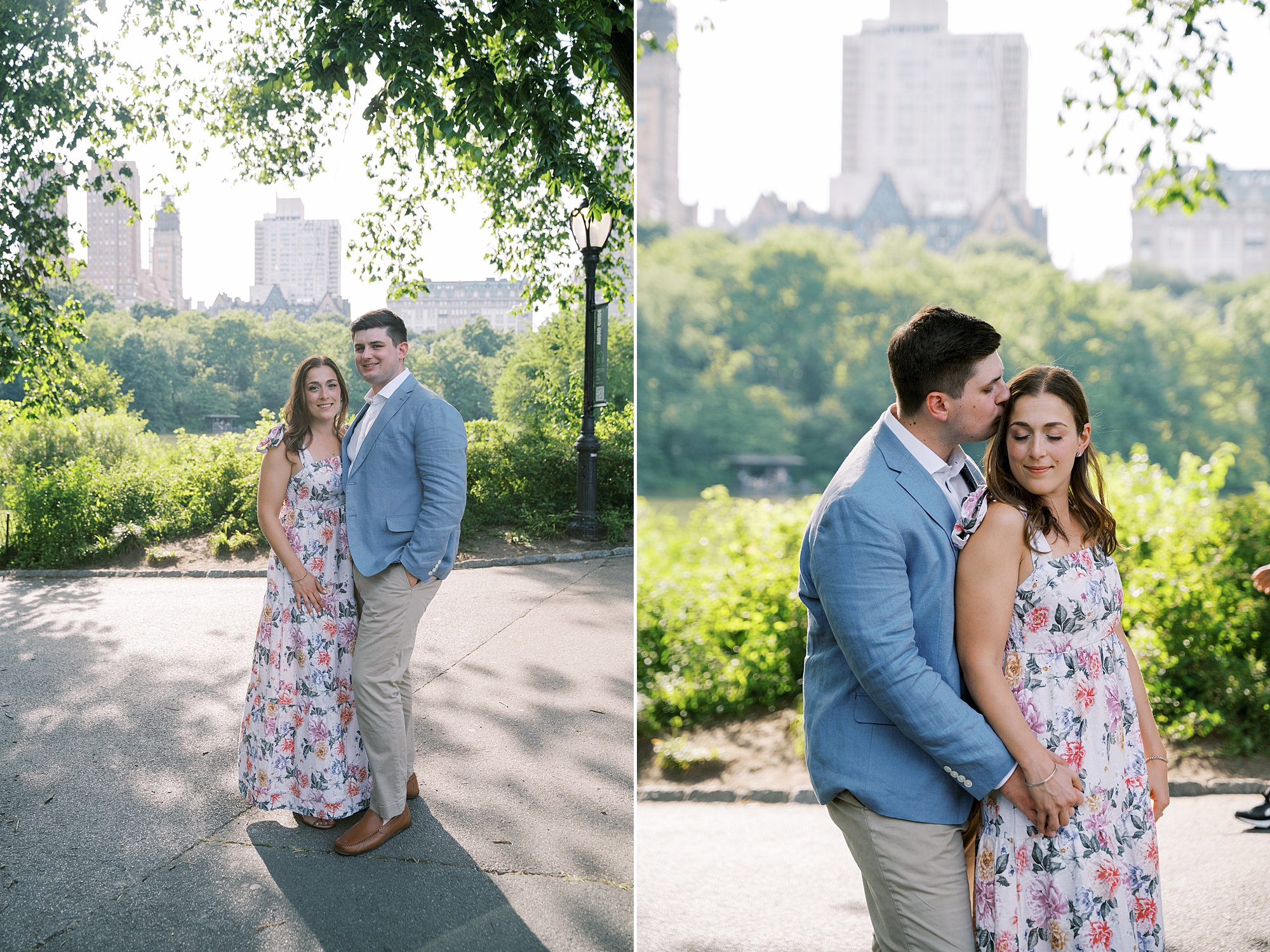 engaged couple hugs in Central Park with skyline behind them