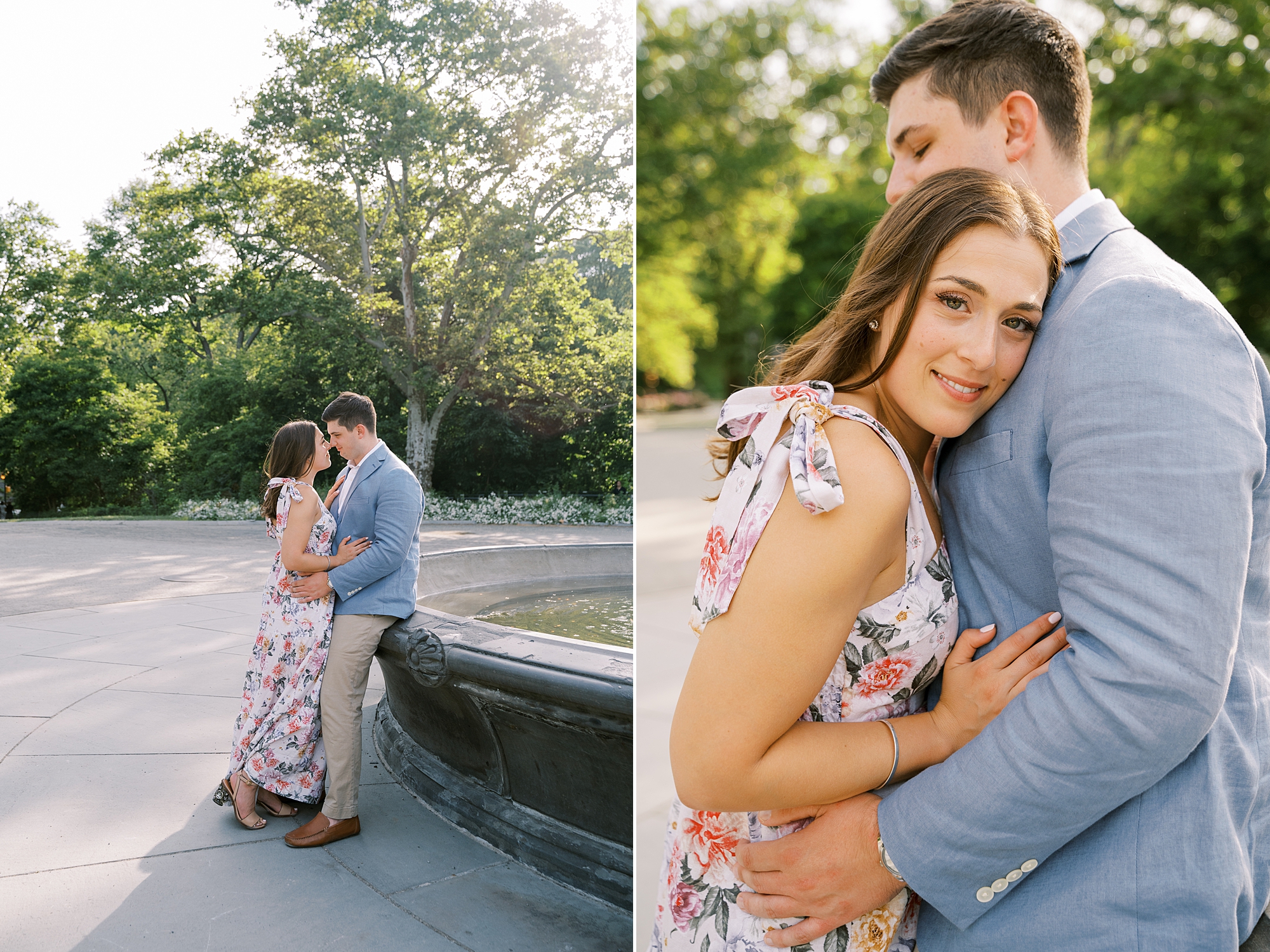 bride and groom hug along Bethesda fountain in Central Park
