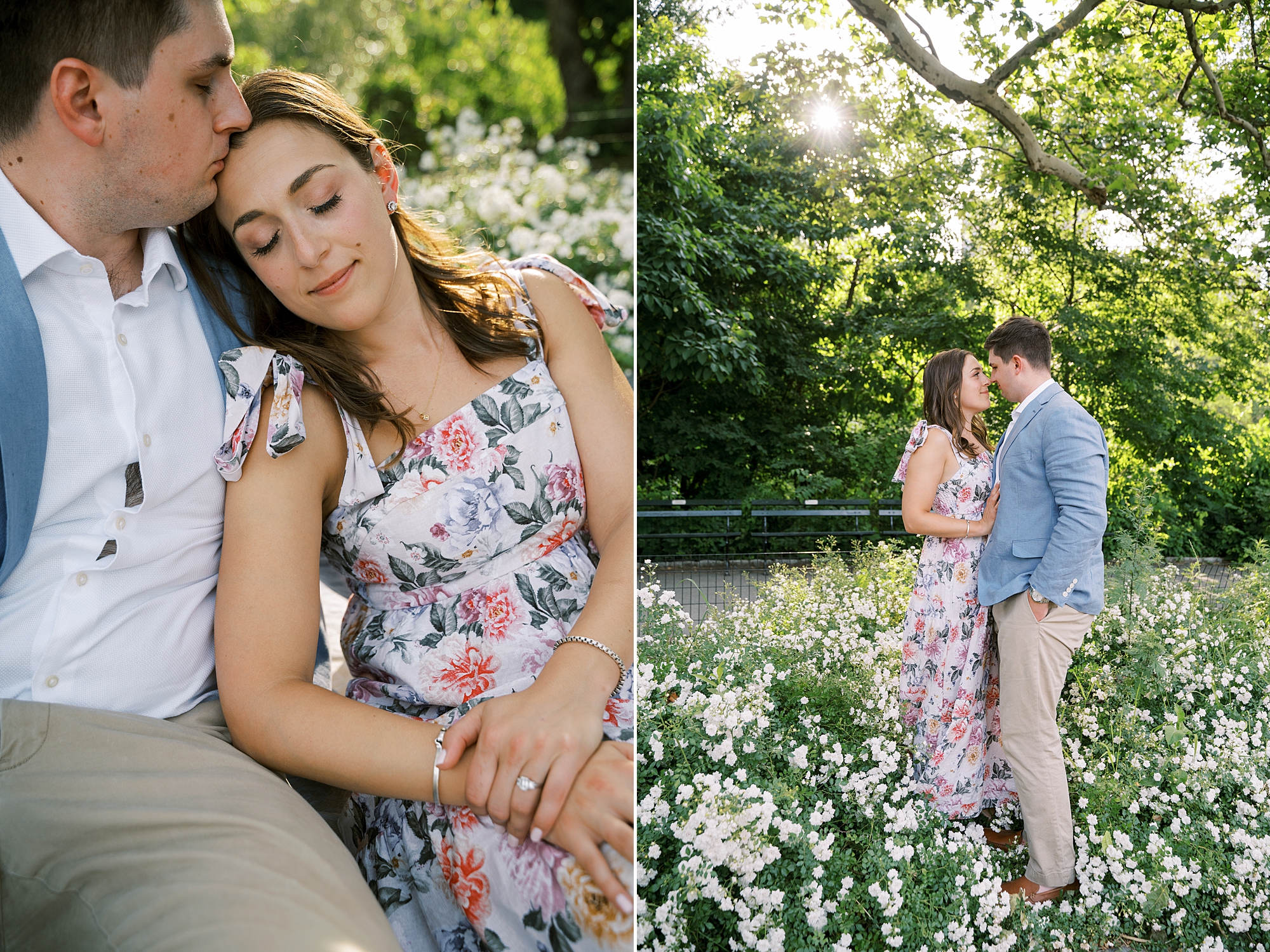 bride leans on groom's shoulder during NYC engagement photos