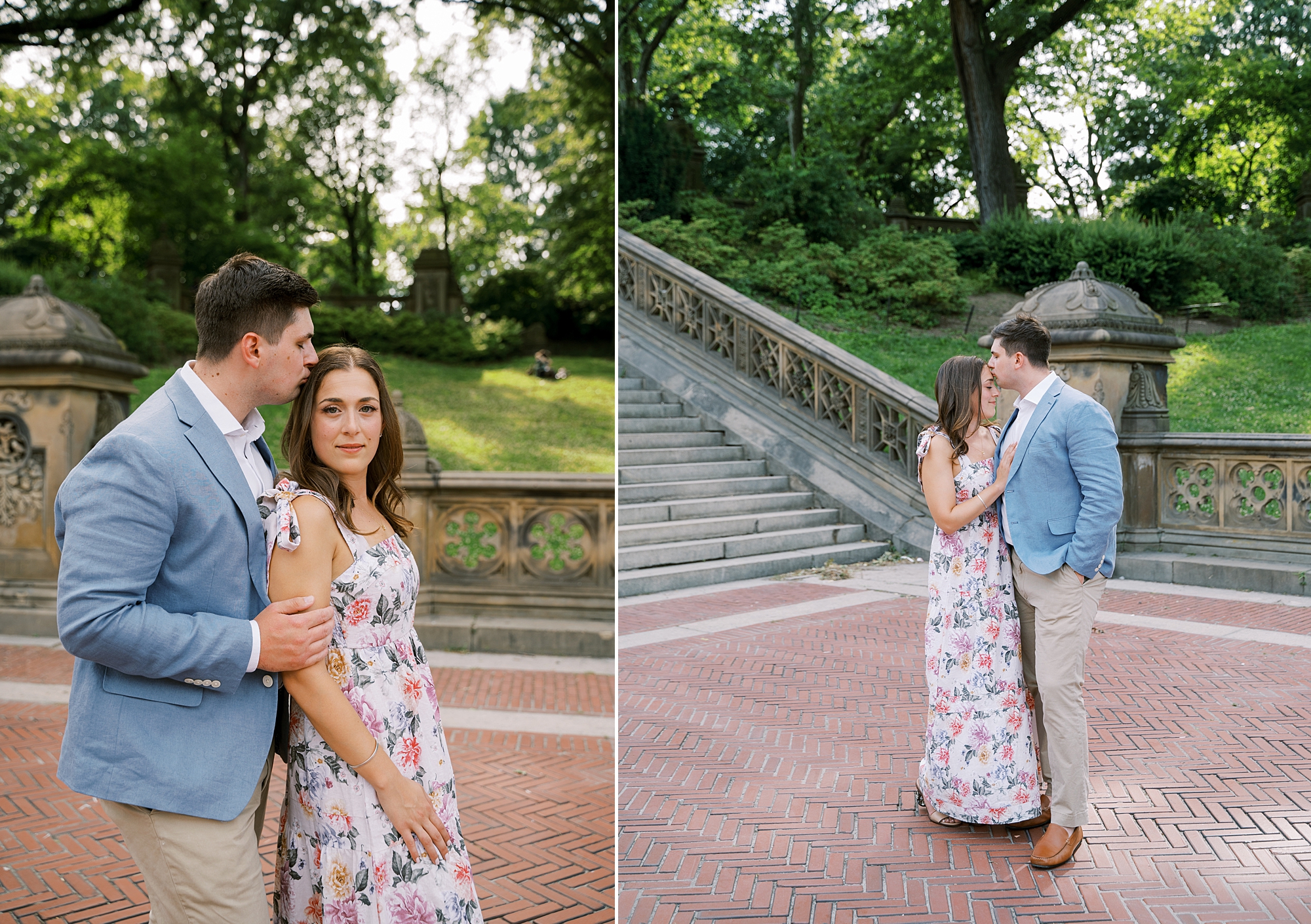 groom kisses bride's forehead during Central Park engagement session