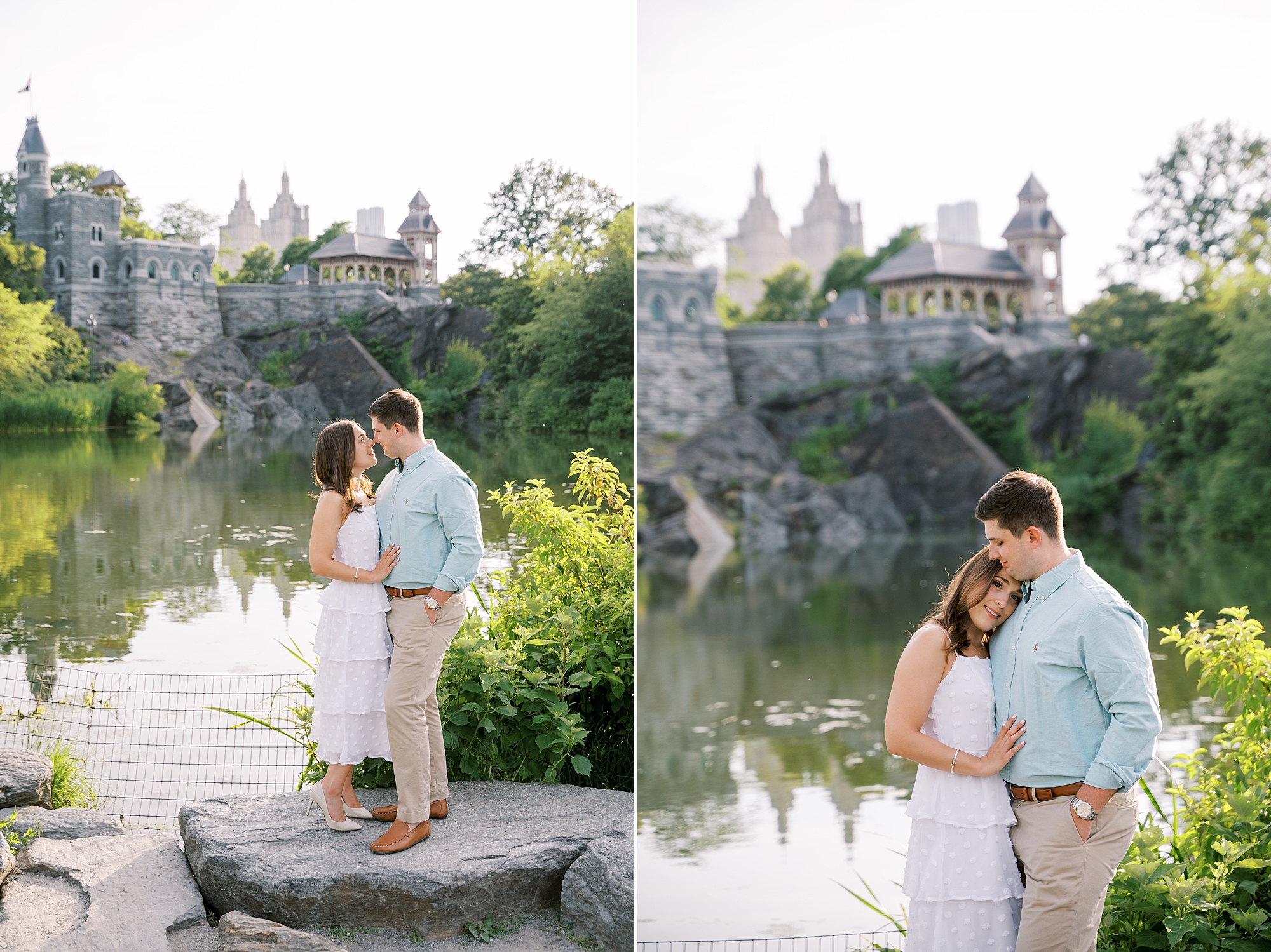 engaged couple stands on rocks with building behind them in Central Park