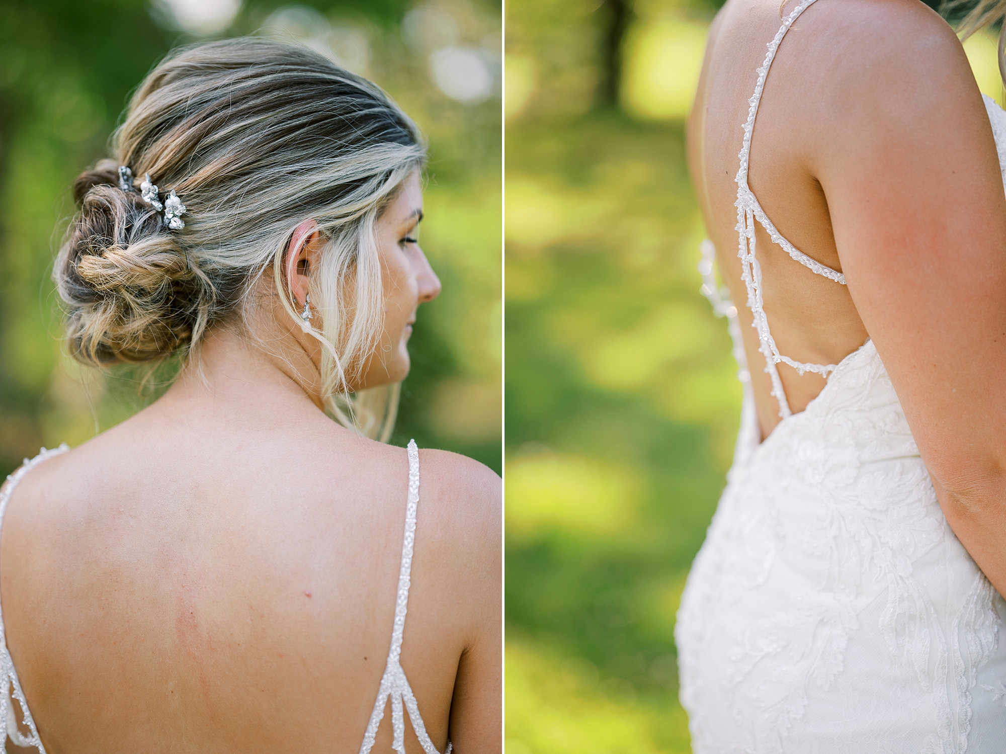 bride shows off back of strapped wedding dress