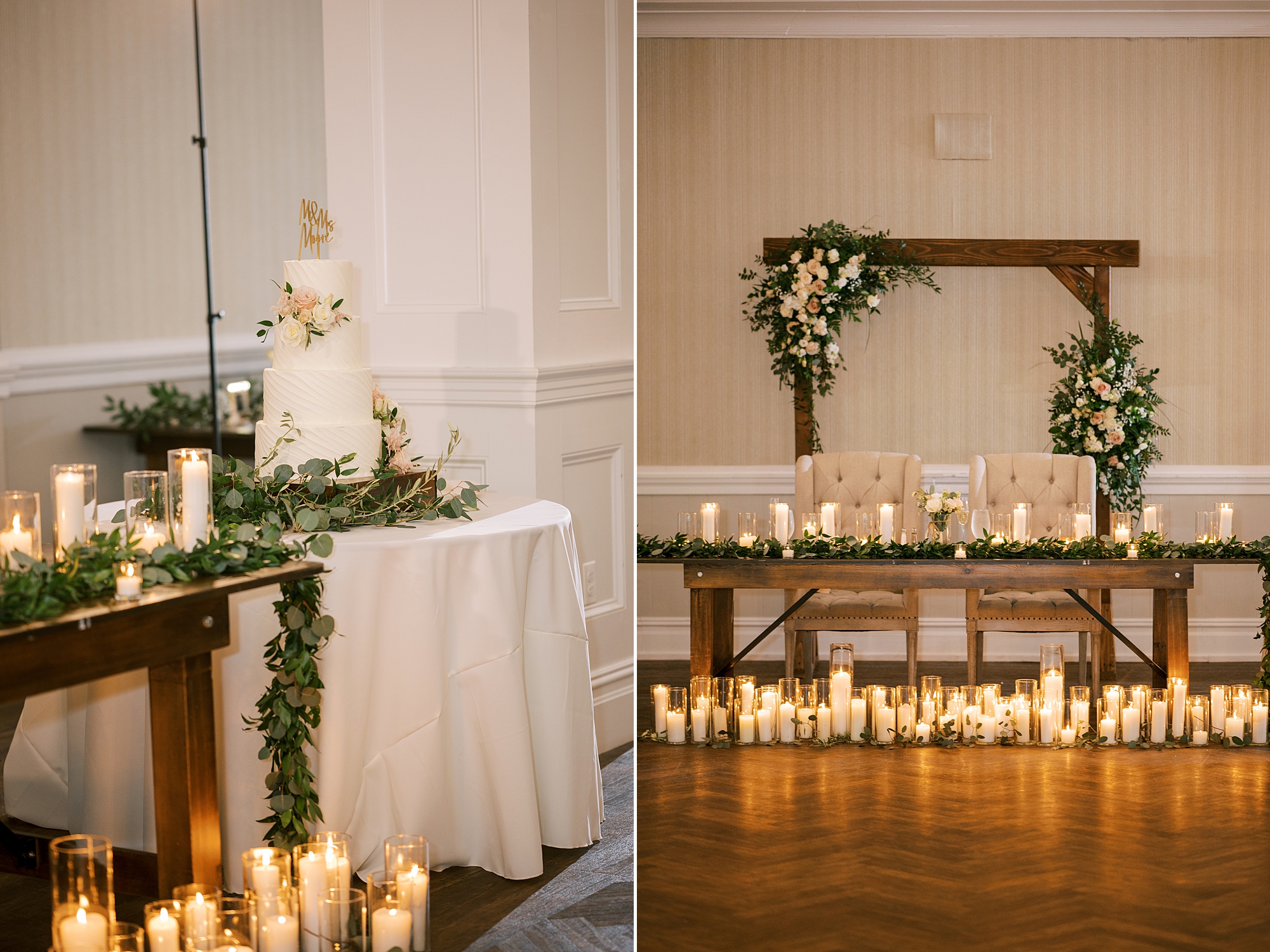 rustic wedding reception and sweetheart table with candles at The Grove at Centerton