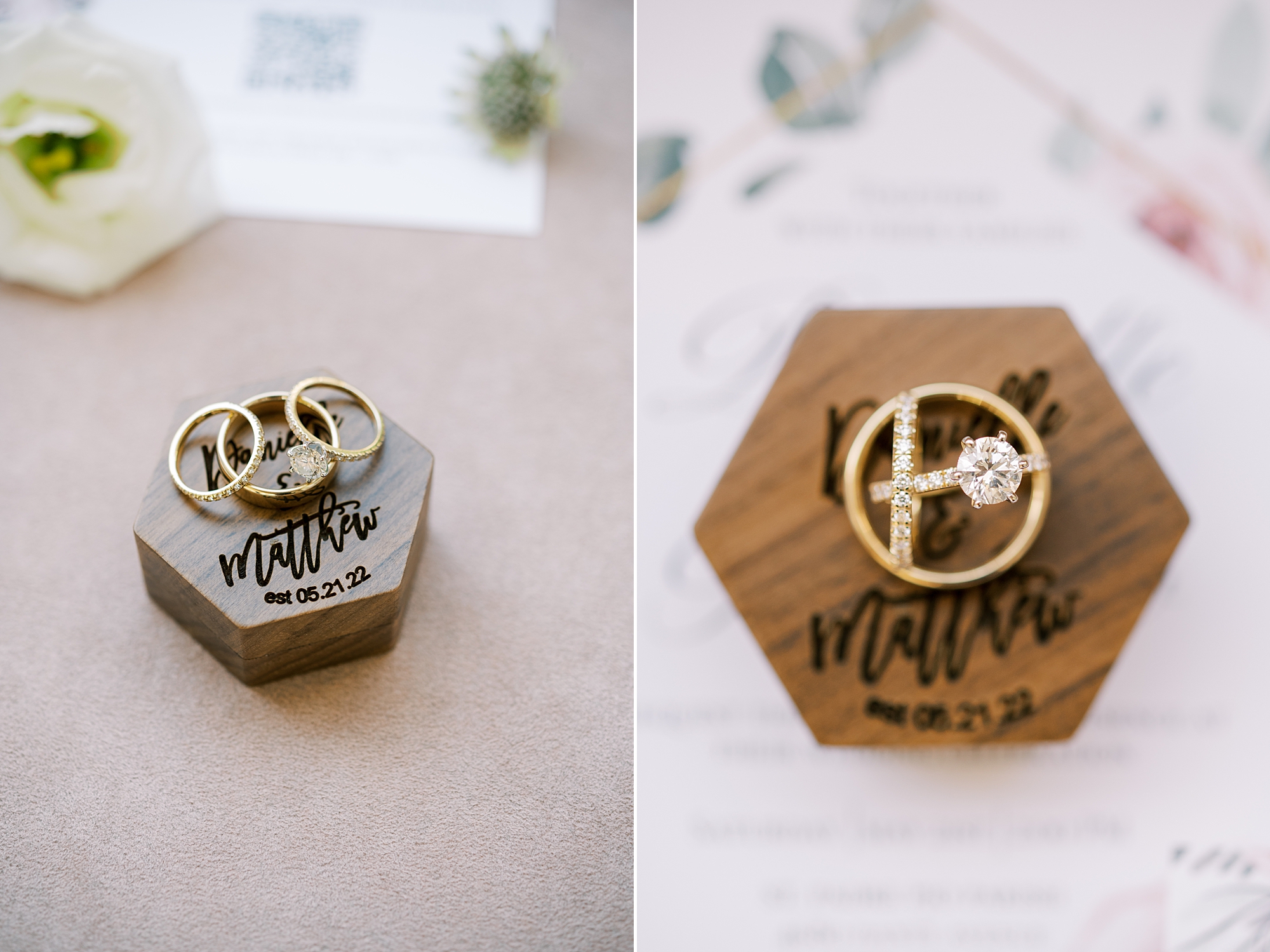 wedding rings rest on wooden box