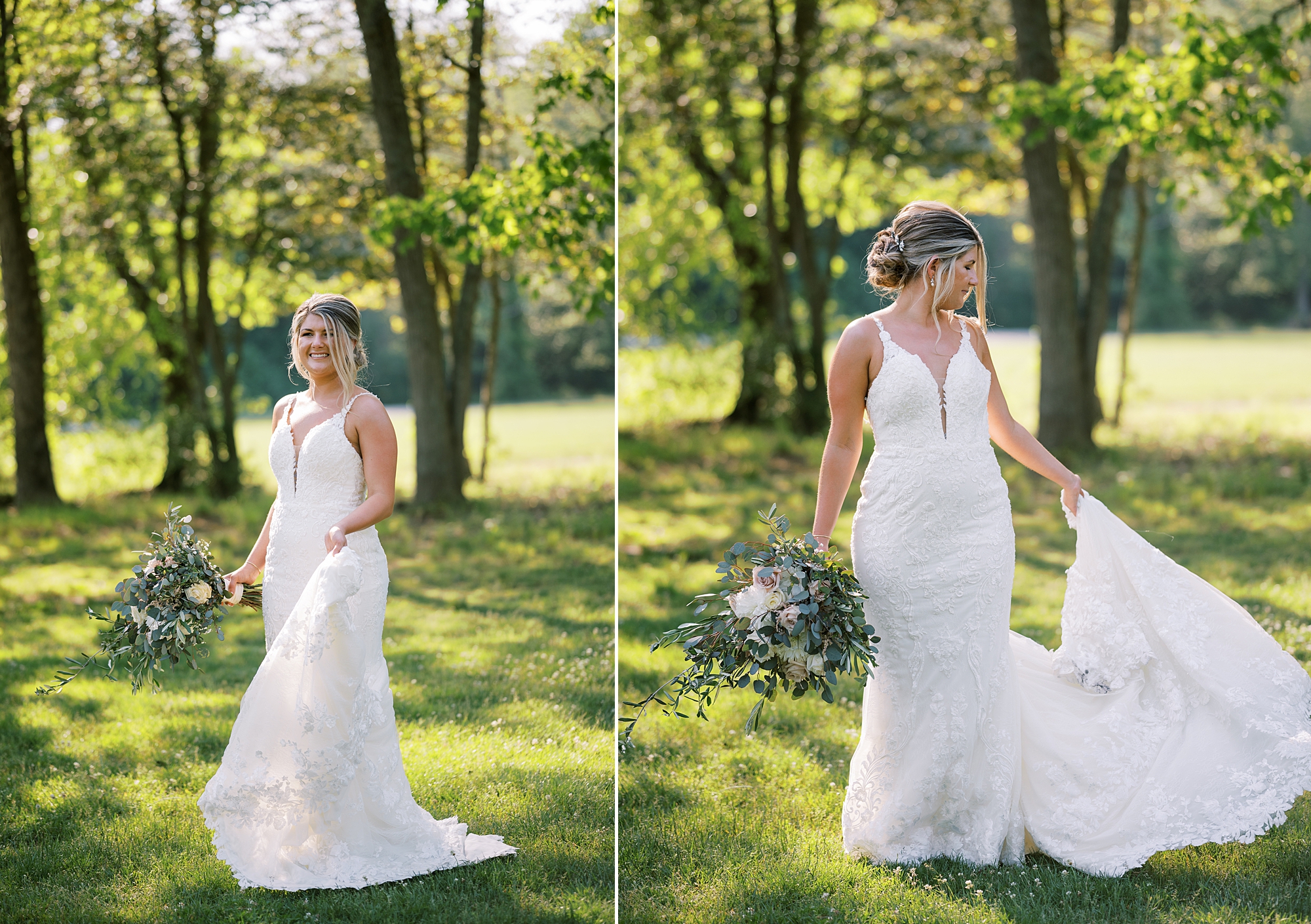 bride shows off wedding dress in field at The Grove at Centerton