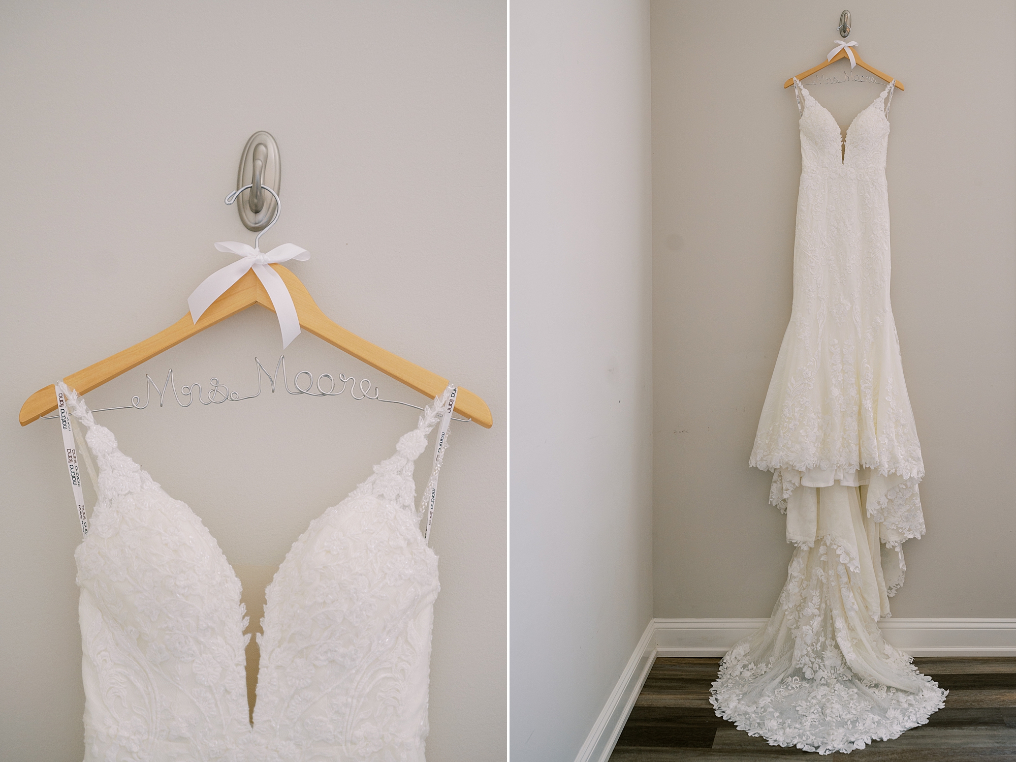 wedding dress hangs in bridal suite at The Grove at Centerton