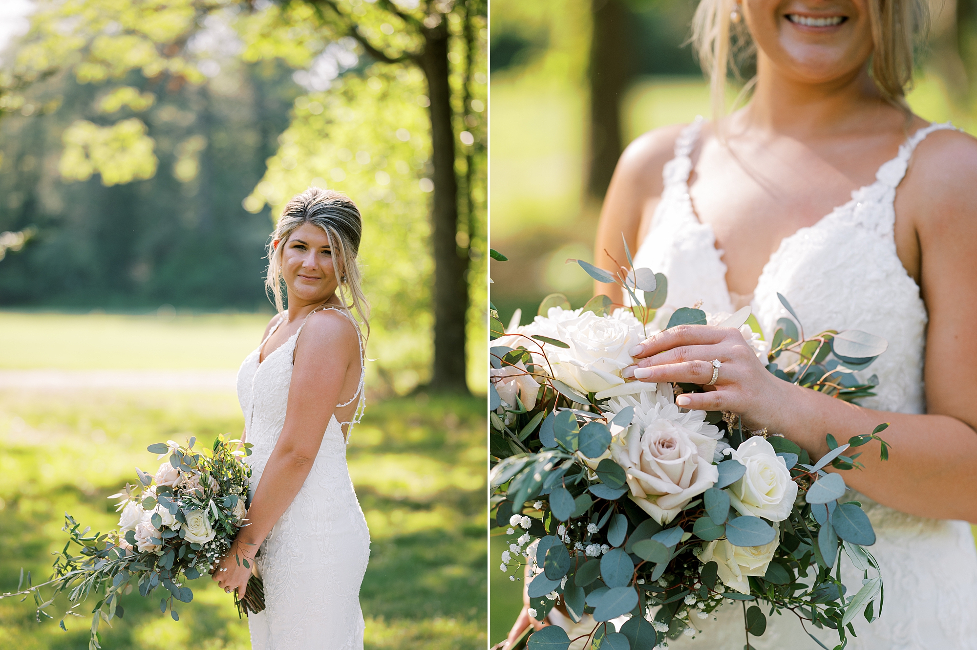 bride holds bouquet for summer wedding at The Grove at Centerton