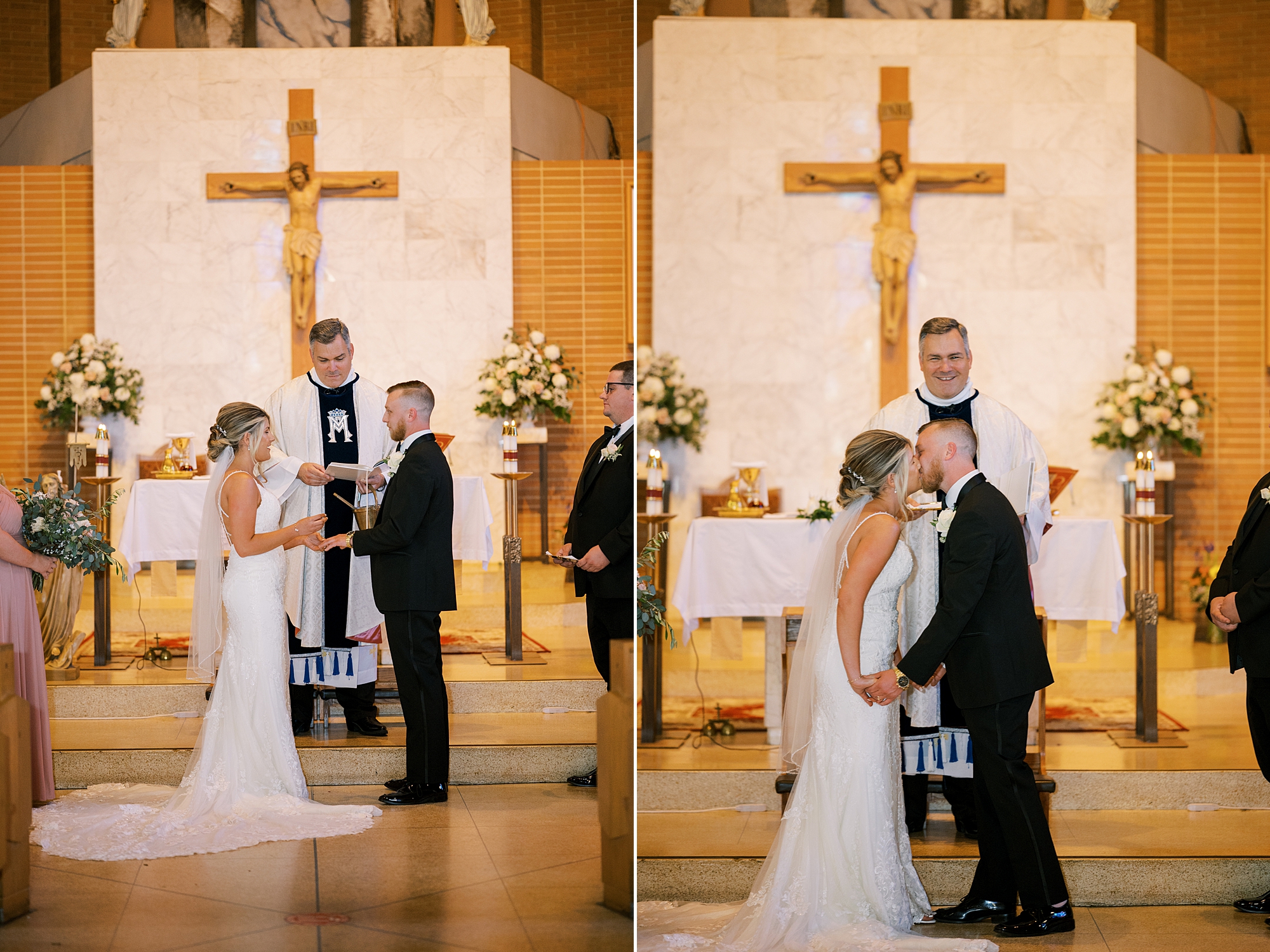 couple exchanges vows during traditional church wedding ceremony in New Jersey