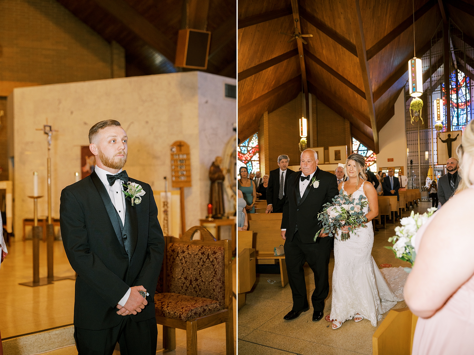 groom watches bride walk down aisle during traditional church wedding ceremony in New Jersey