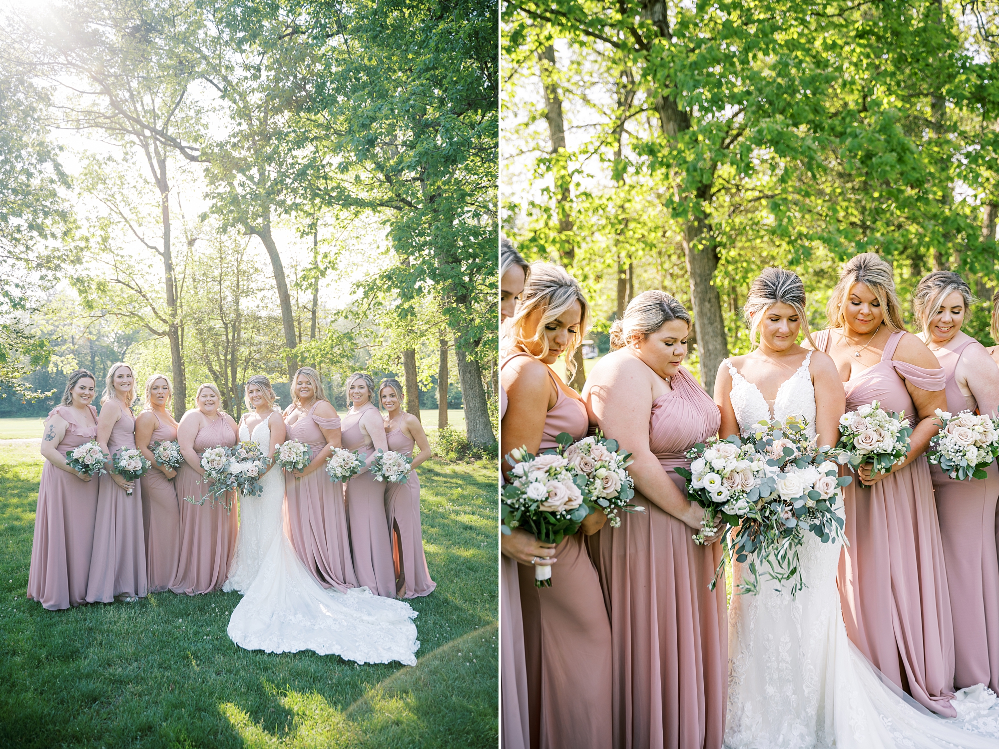 bride looks down at bouquet with bridesmaids in pink gowns