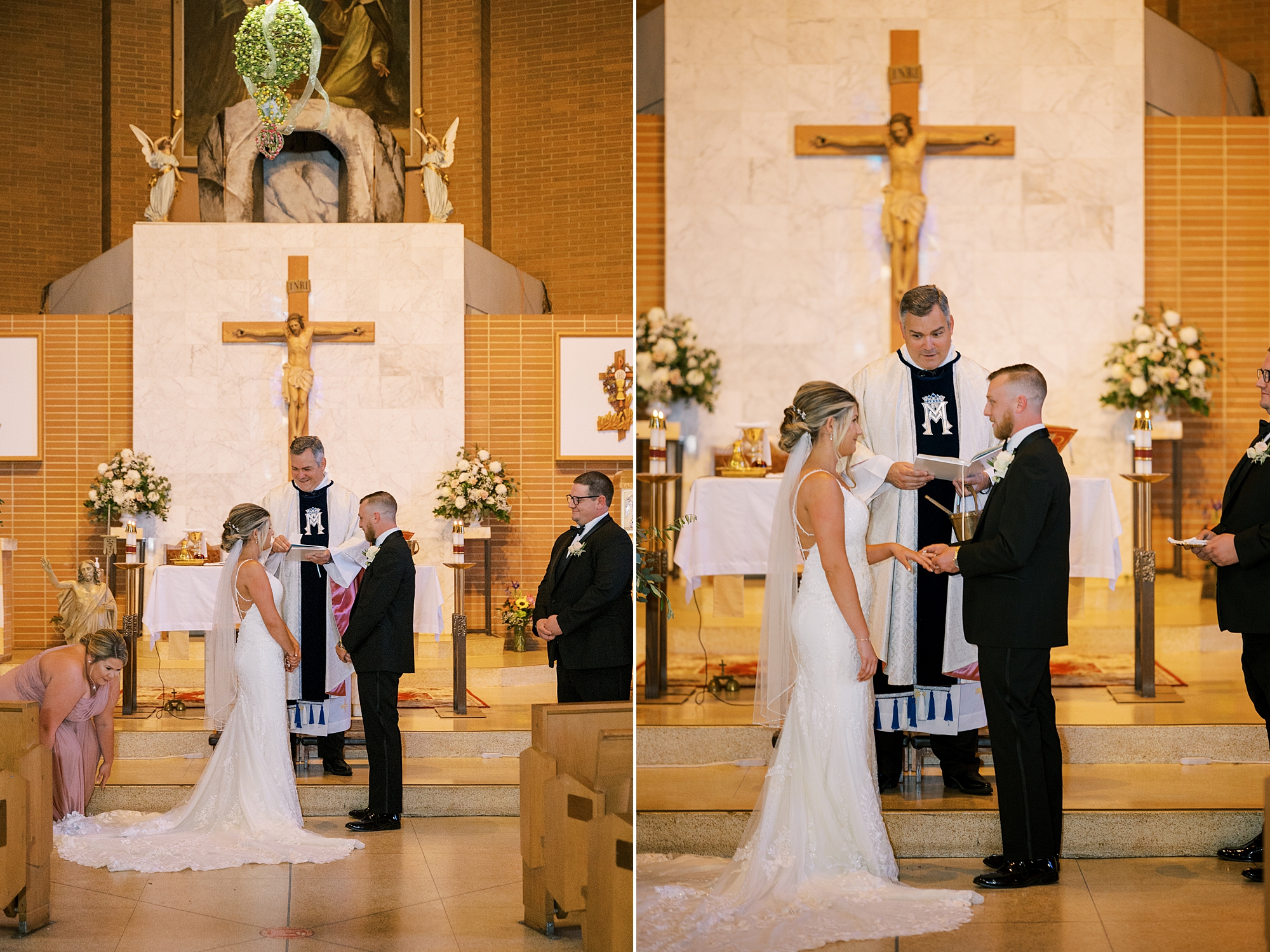 bride and groom stand at alter during traditional church wedding ceremony in New Jersey