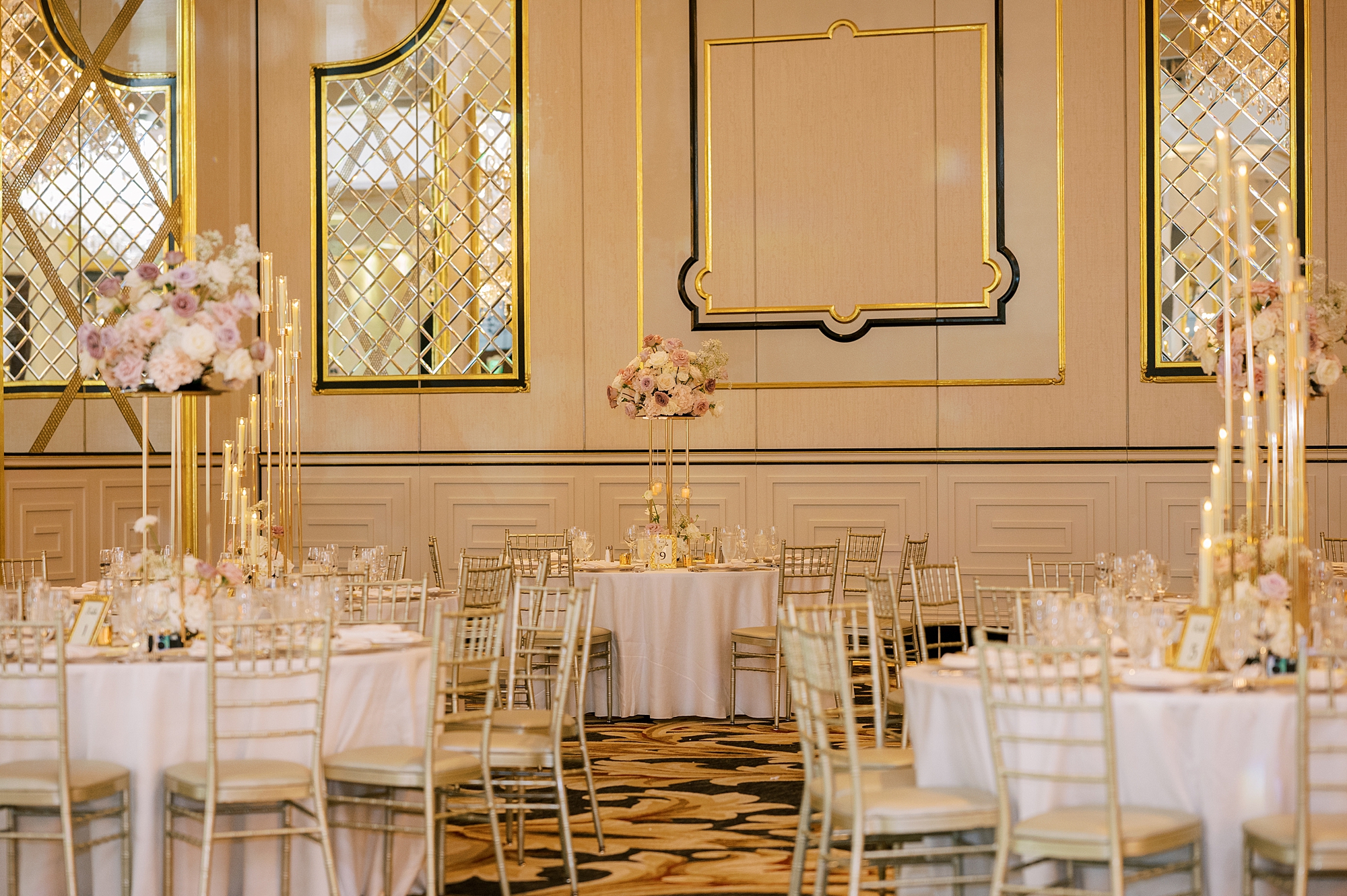wedding reception at Shadowbrook at Shrewsbury with pink, gold, and ivory details