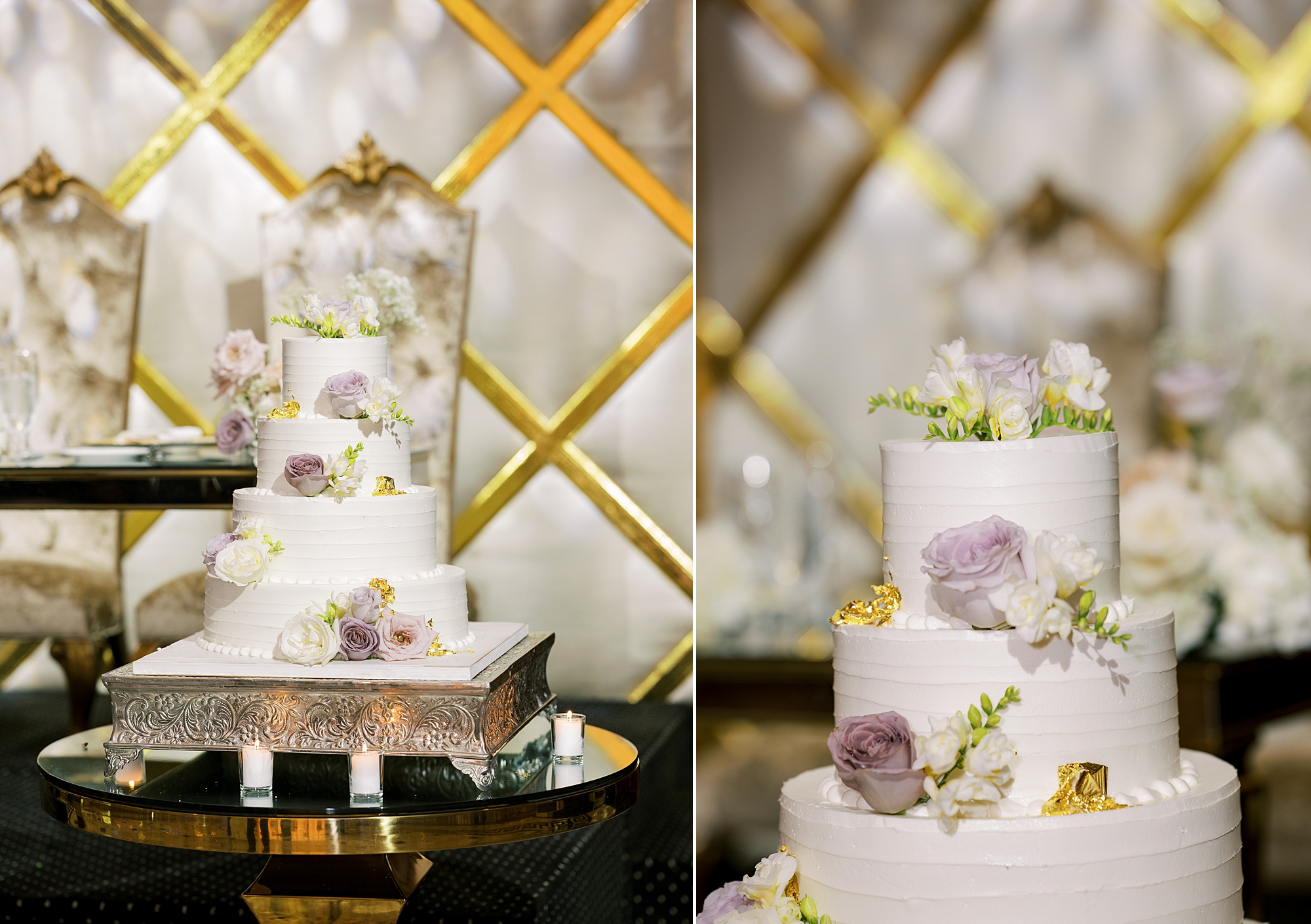 tiered wedding cake with purple and ivory flowers on display at Shadowbrook at Shrewsbury