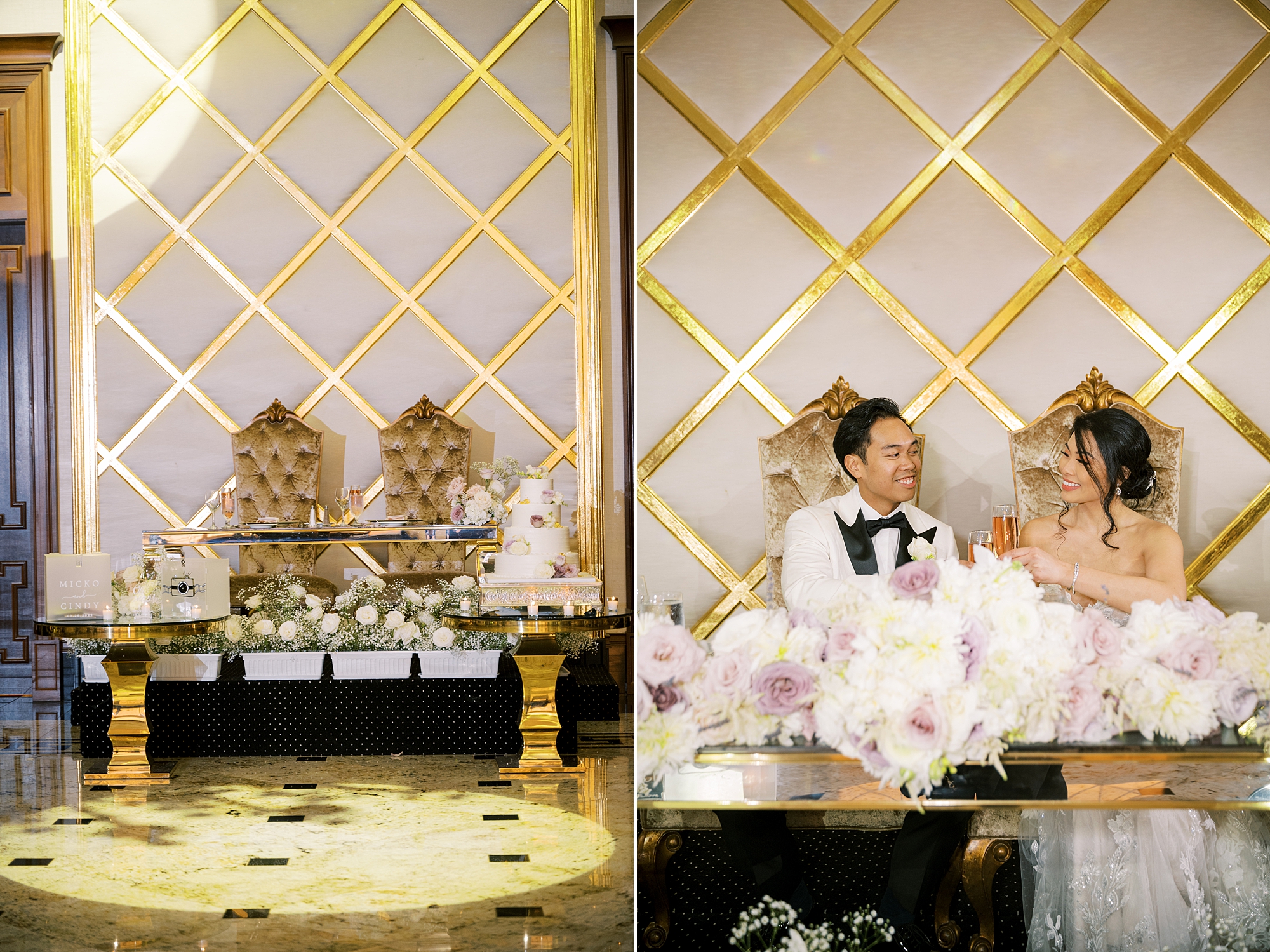 newlyweds sit at sweetheart table against white and gold crisscrossed wall