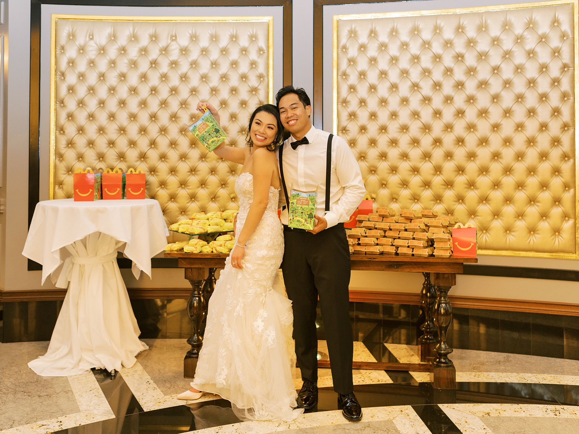 newlyweds pose with McDonald's during wedding reception 