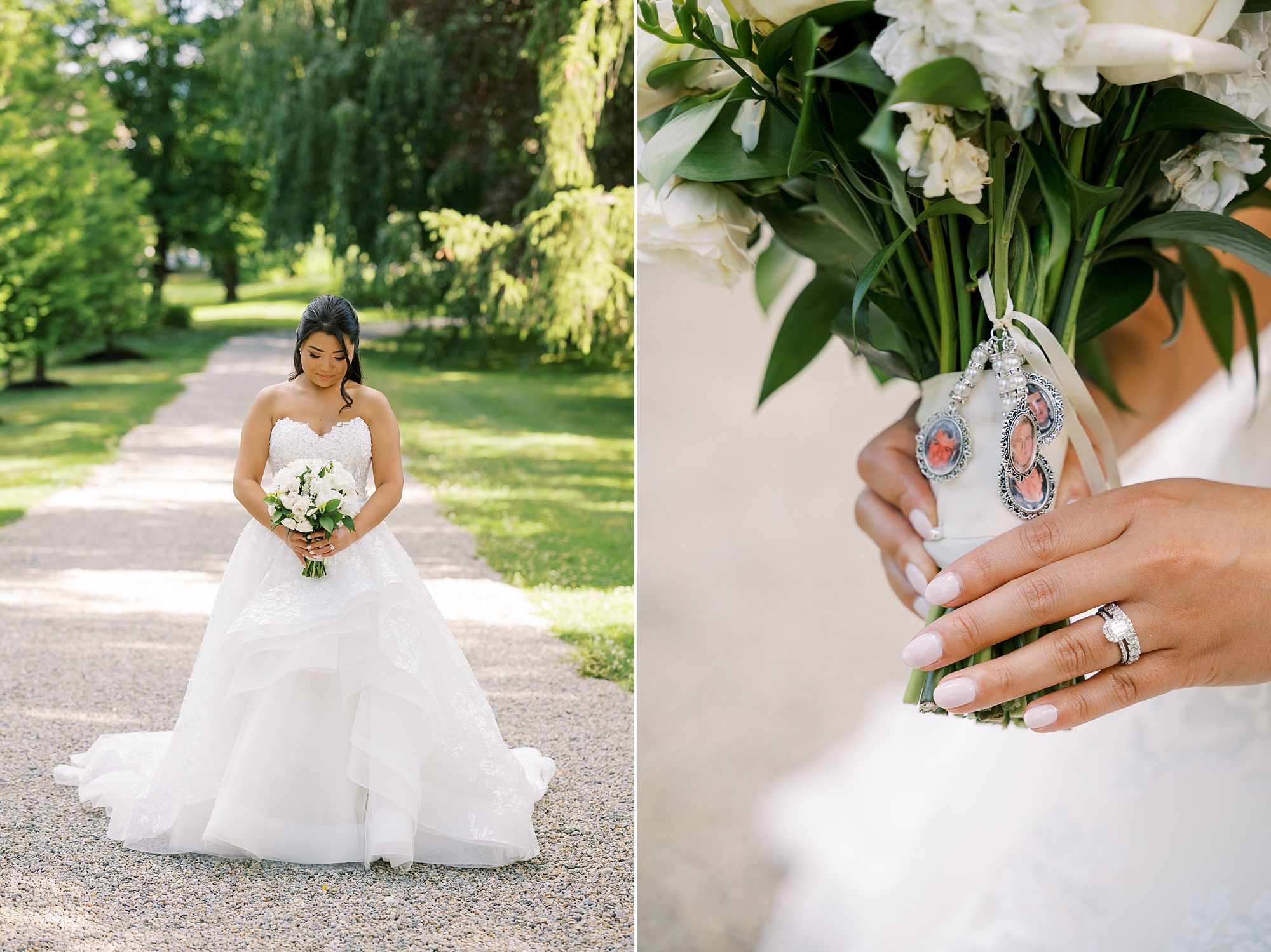 bride holds bouquet with personal lockets on stems