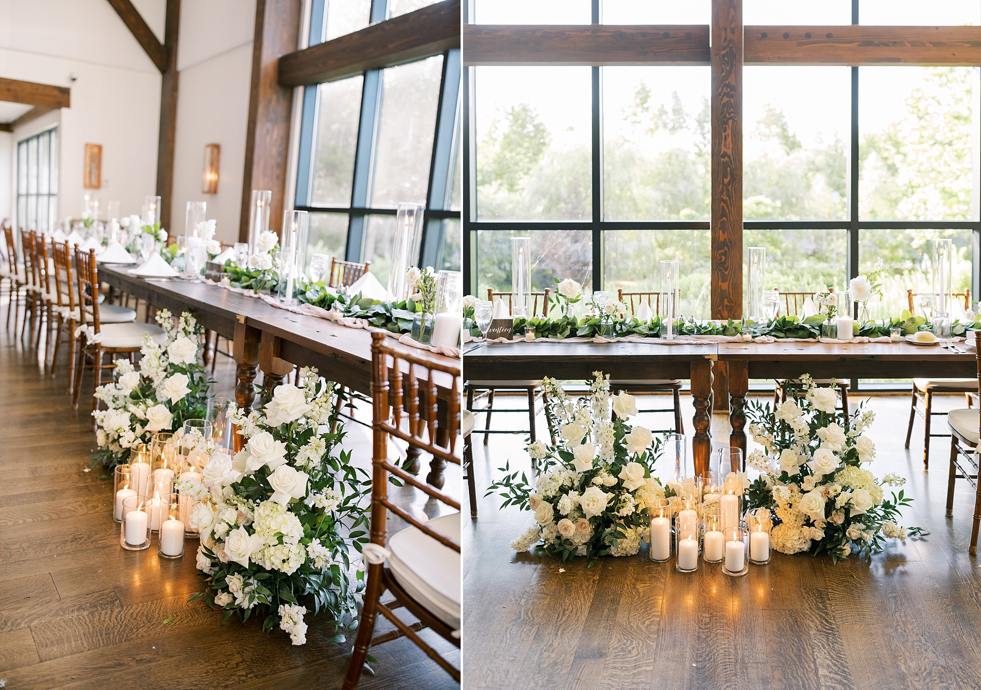 sweetheart table with ivory flowers and candles at Crossed Keys Estate