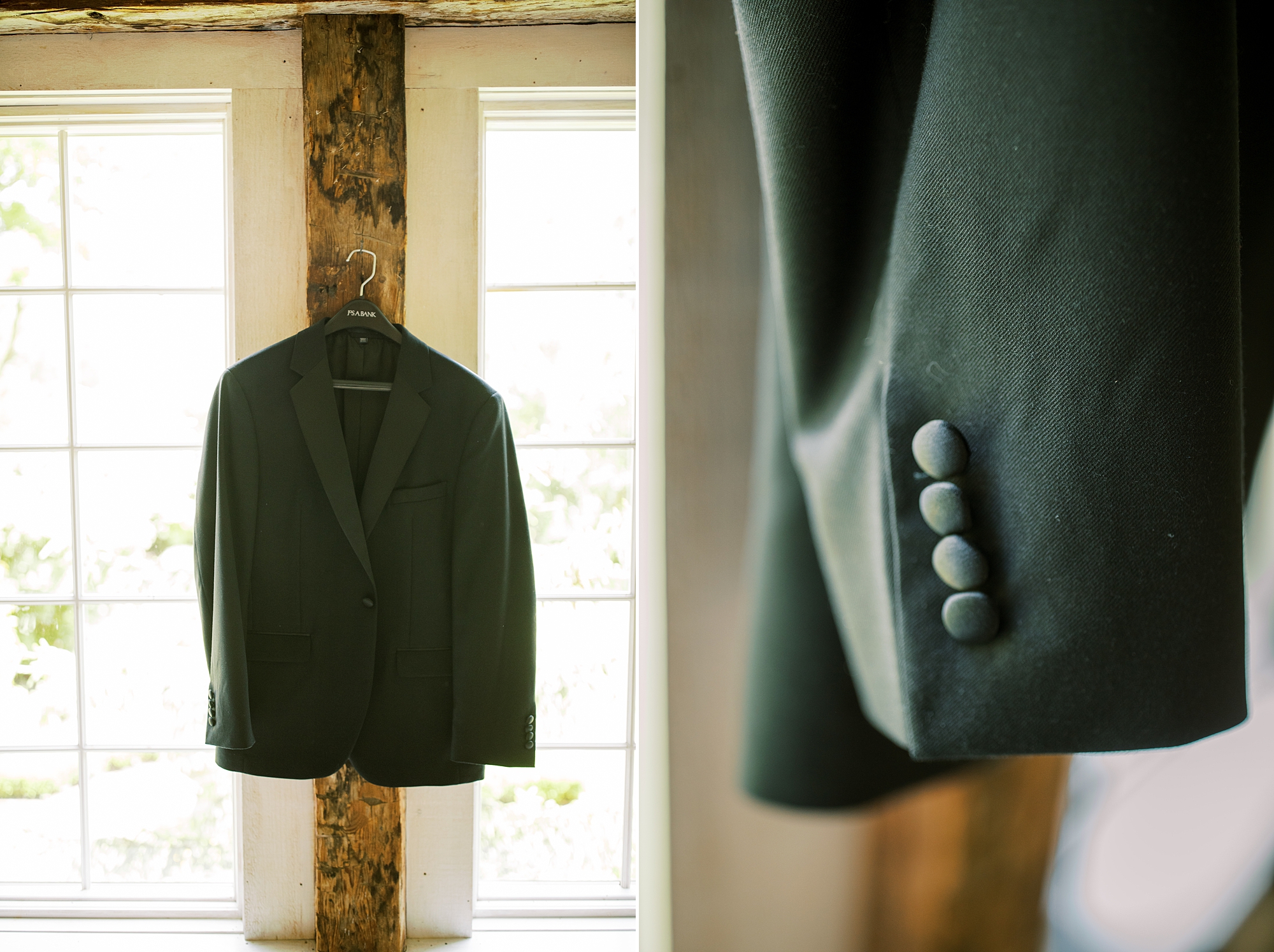 groom's grey jacket hangs on wooden pillar at Crossed Keys Estate