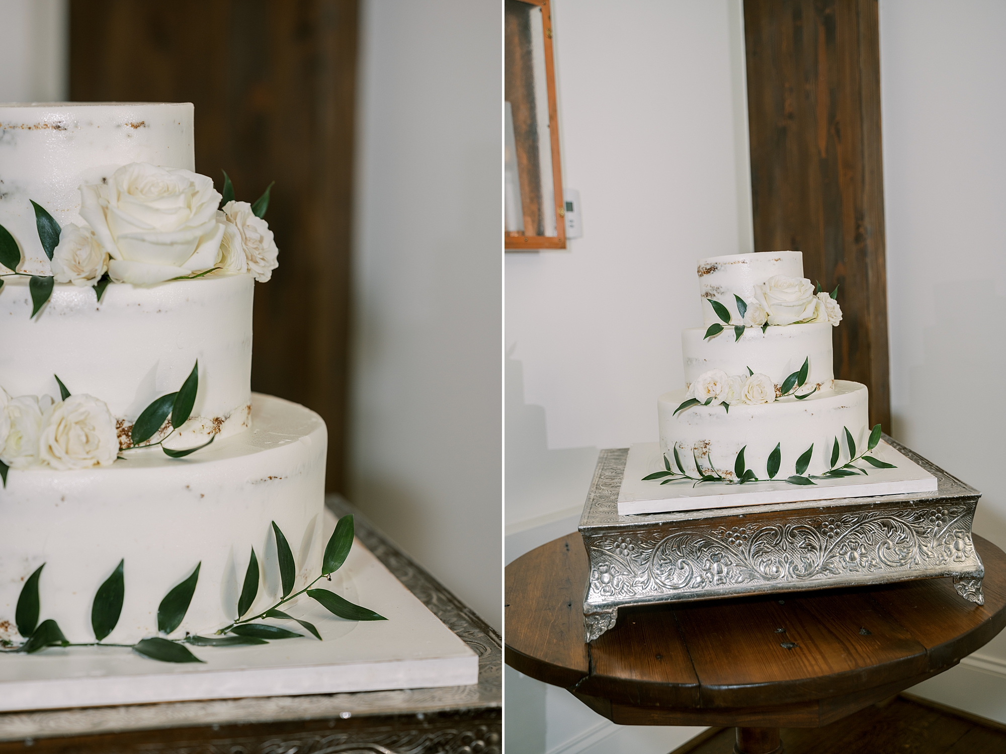 tiered wedding cake with green leaves 