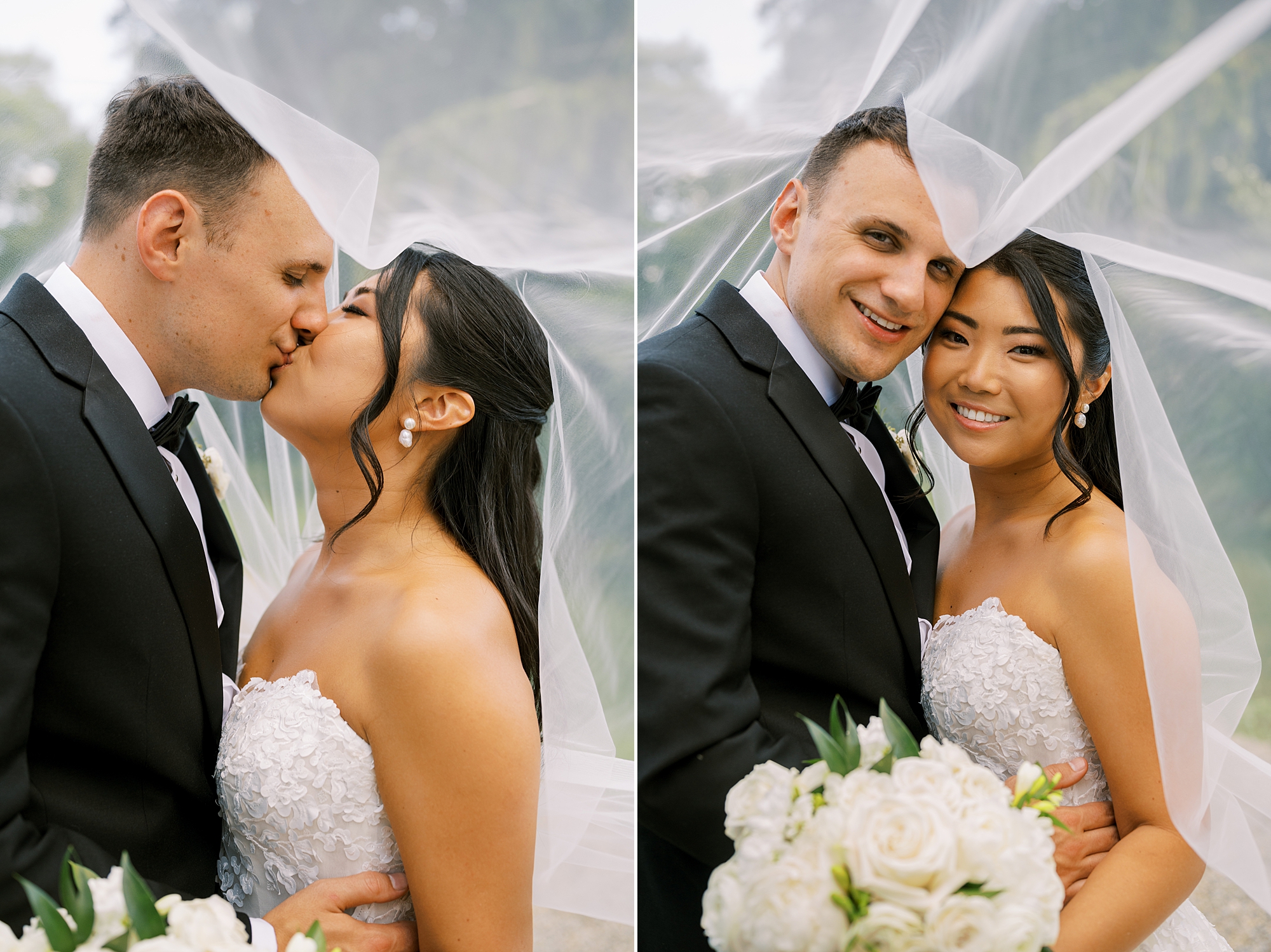 newlyweds kiss under bride's veil during Andover NJ wedding photos