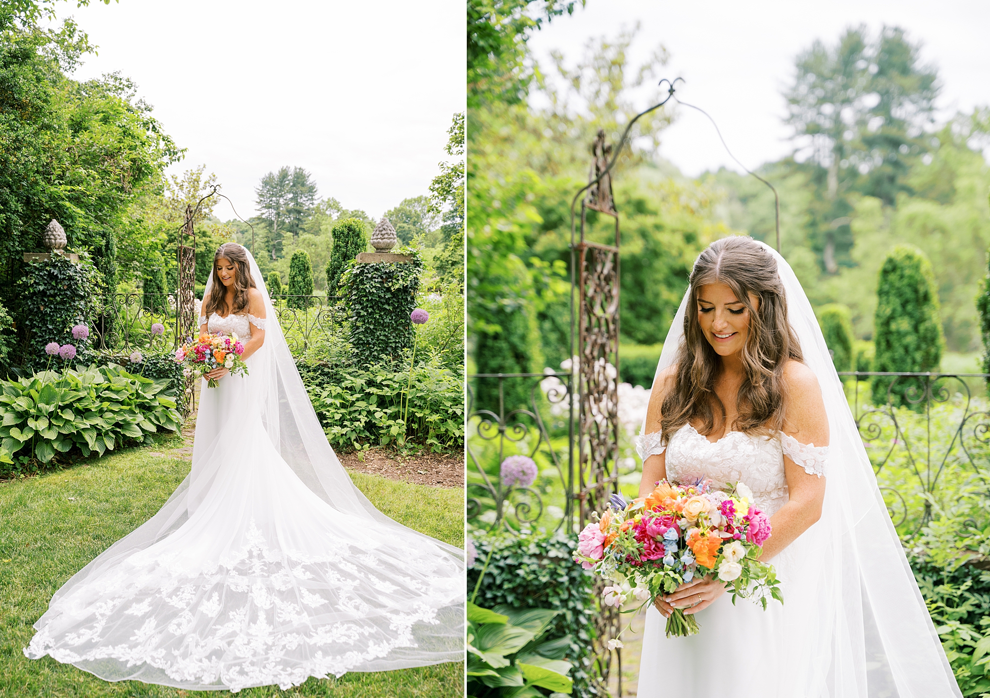 bride with lace detailed train smiles at bright bouquet of flowers