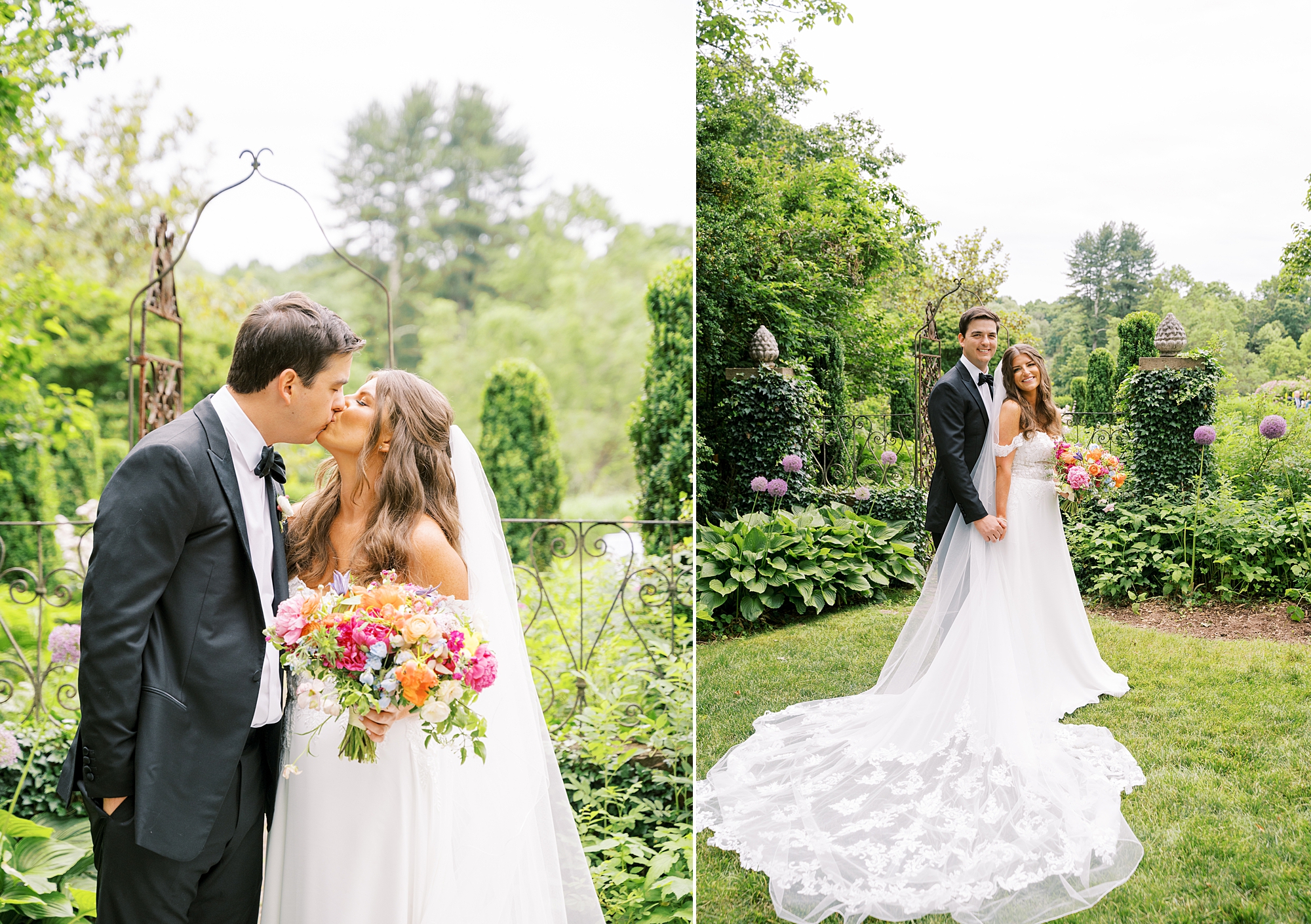 bride and groom kiss in gardens at Willowwood Arboretum