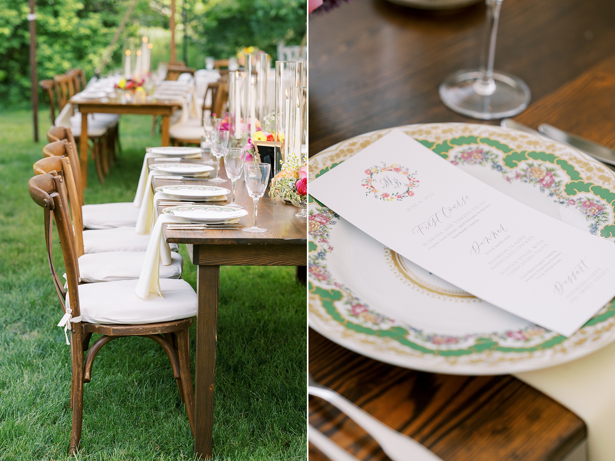 family style seating with bright colored plates at Willowwood Arboretum