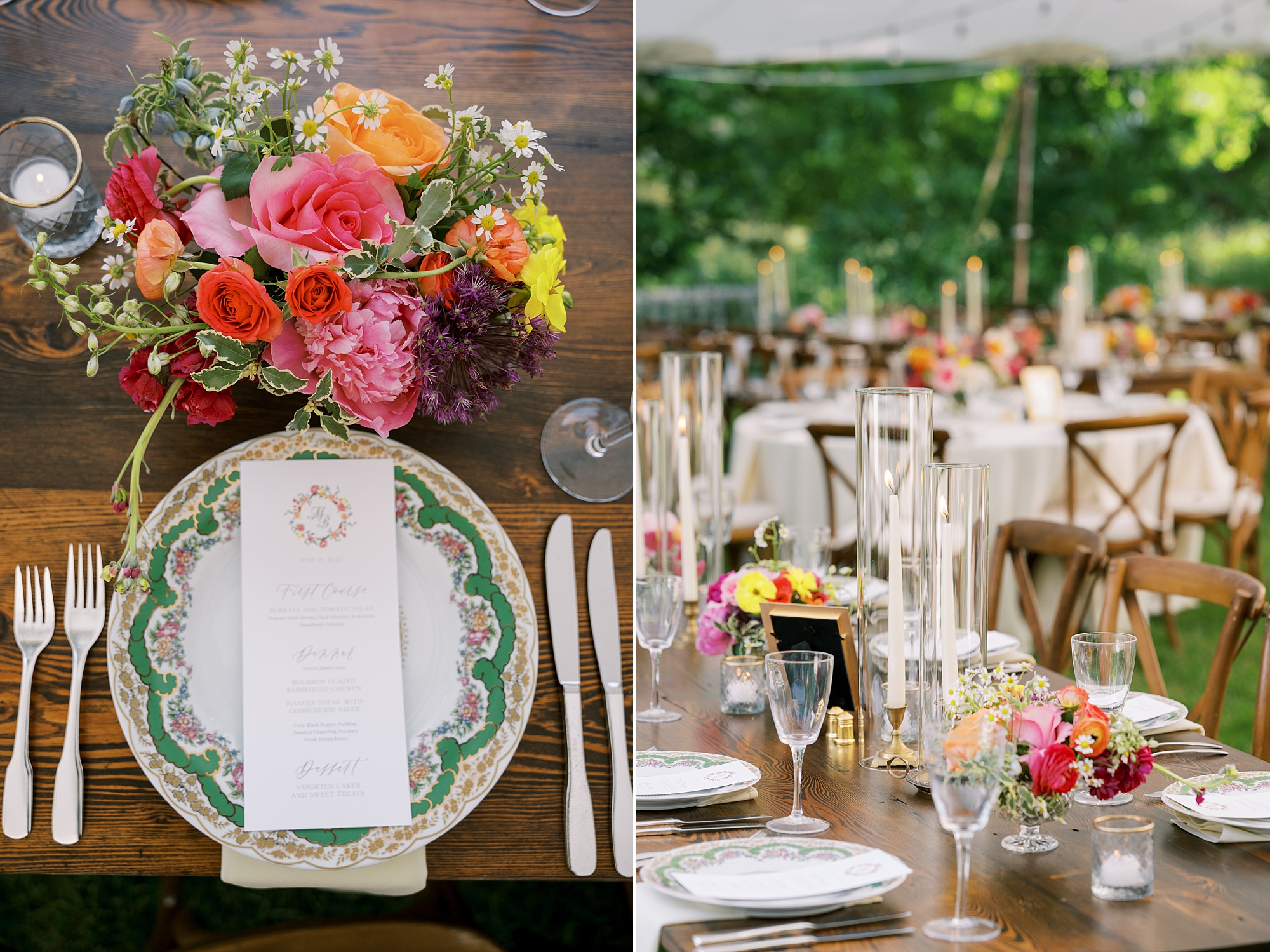 wedding reception at Willowwood Arboretum with bright color plates and flowers