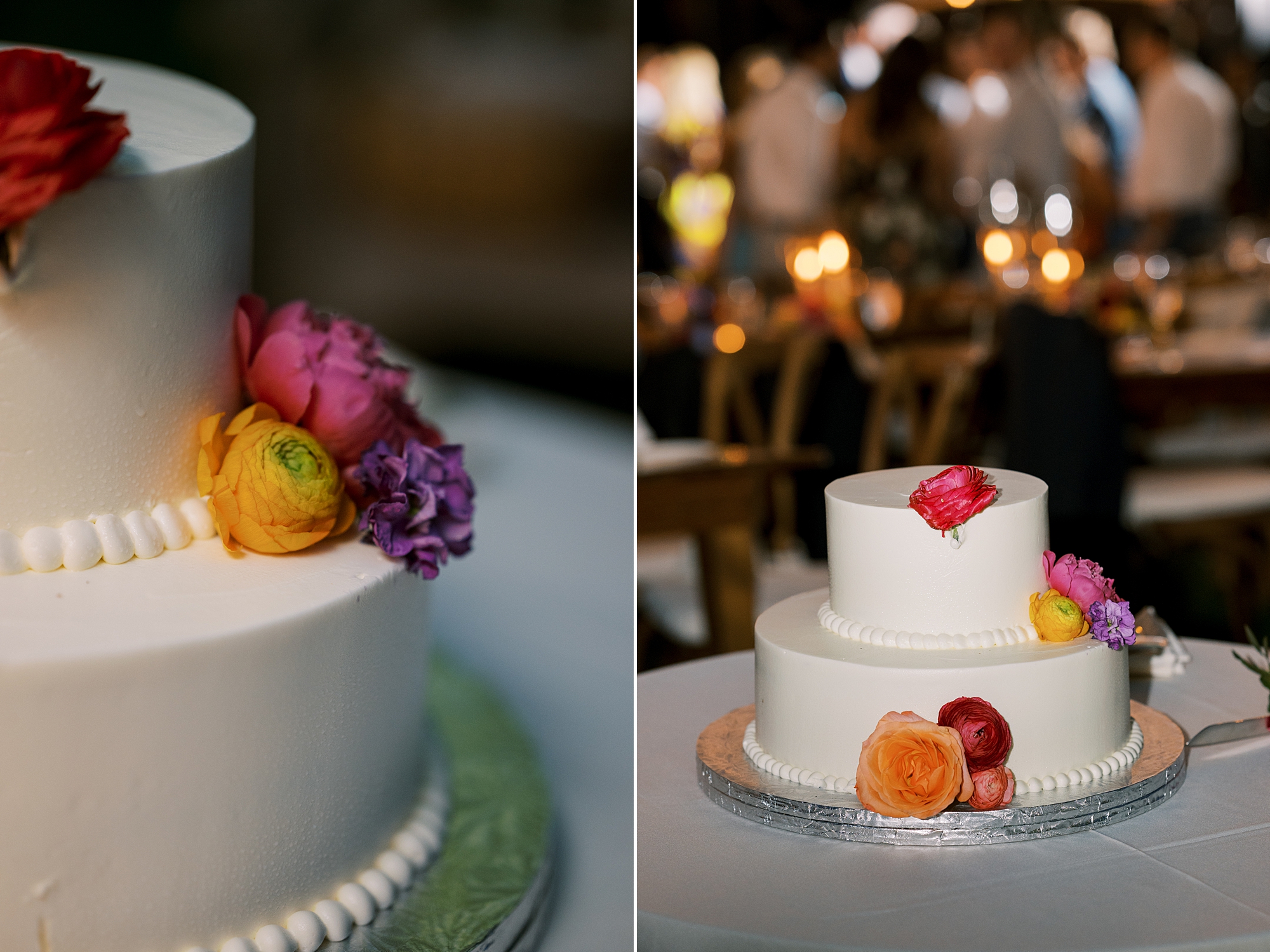 wedding cake with bright floral accents