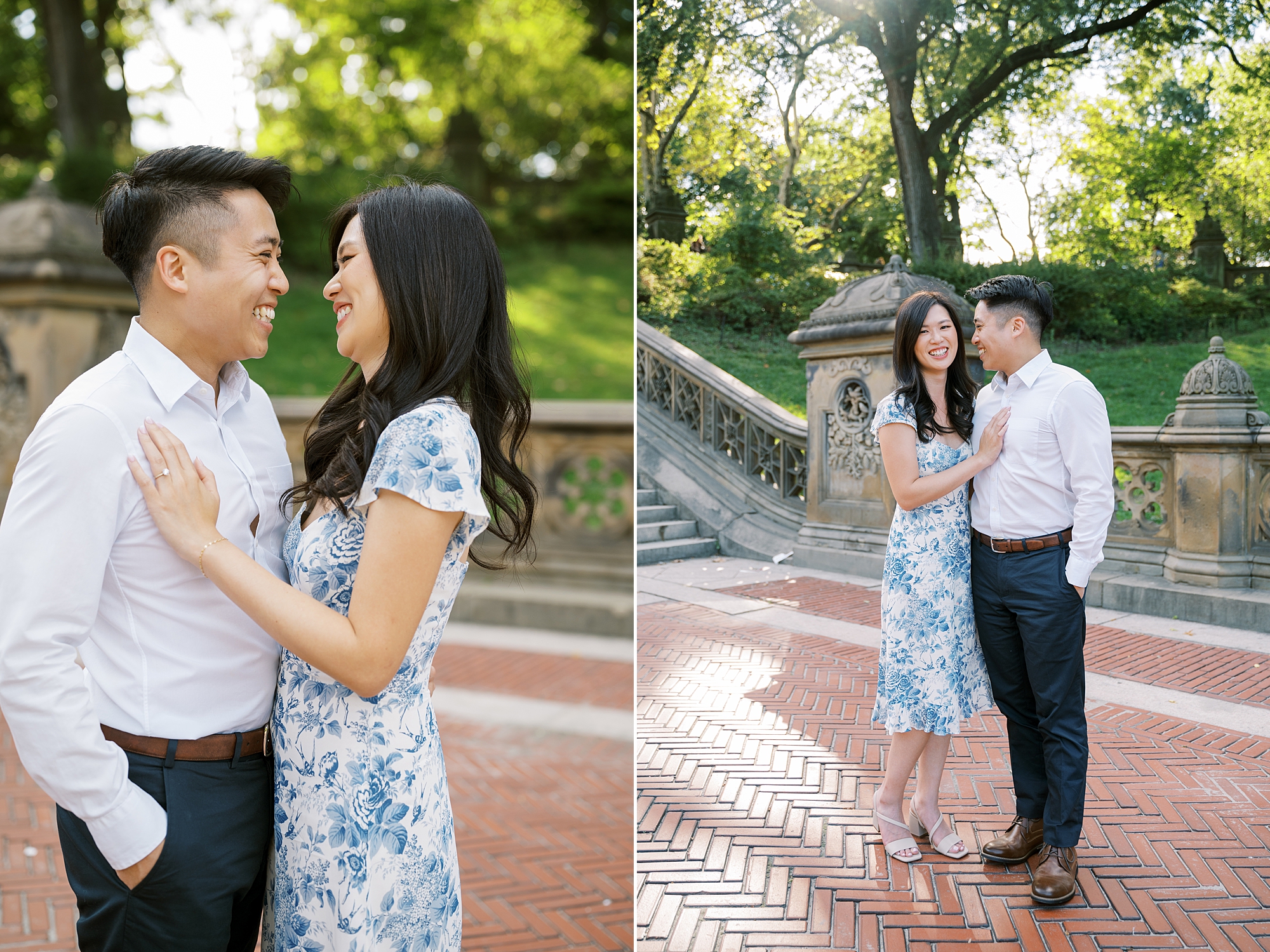 engaged couple laughs together in Central Park during NYC engagement photos