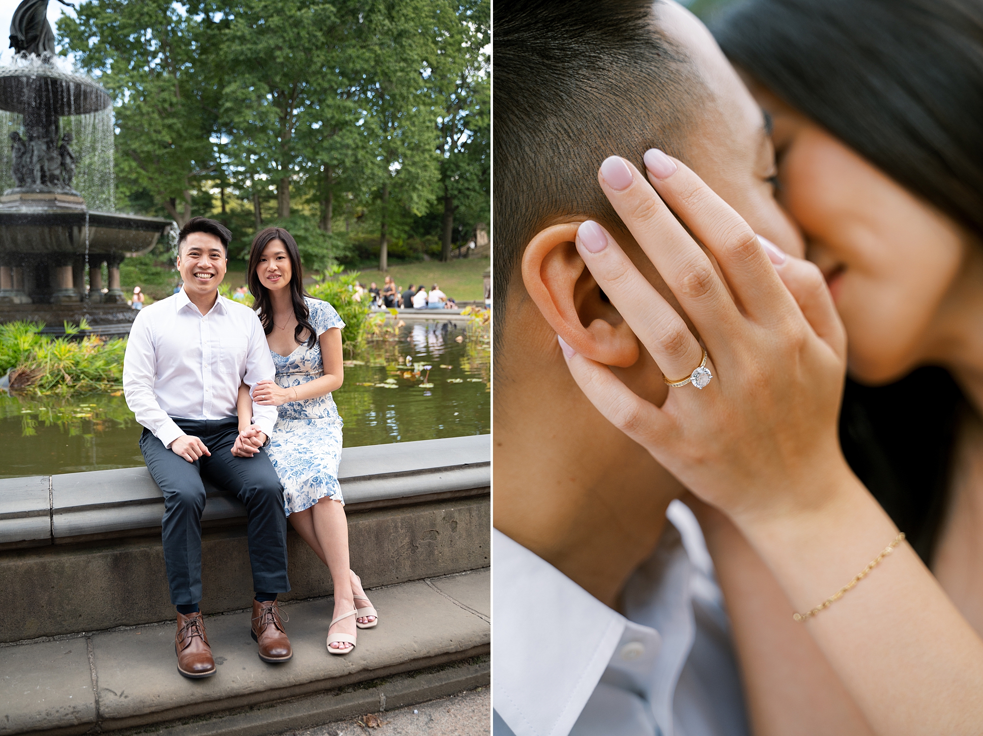 woman holds man's face to forehead showing off engagement ring