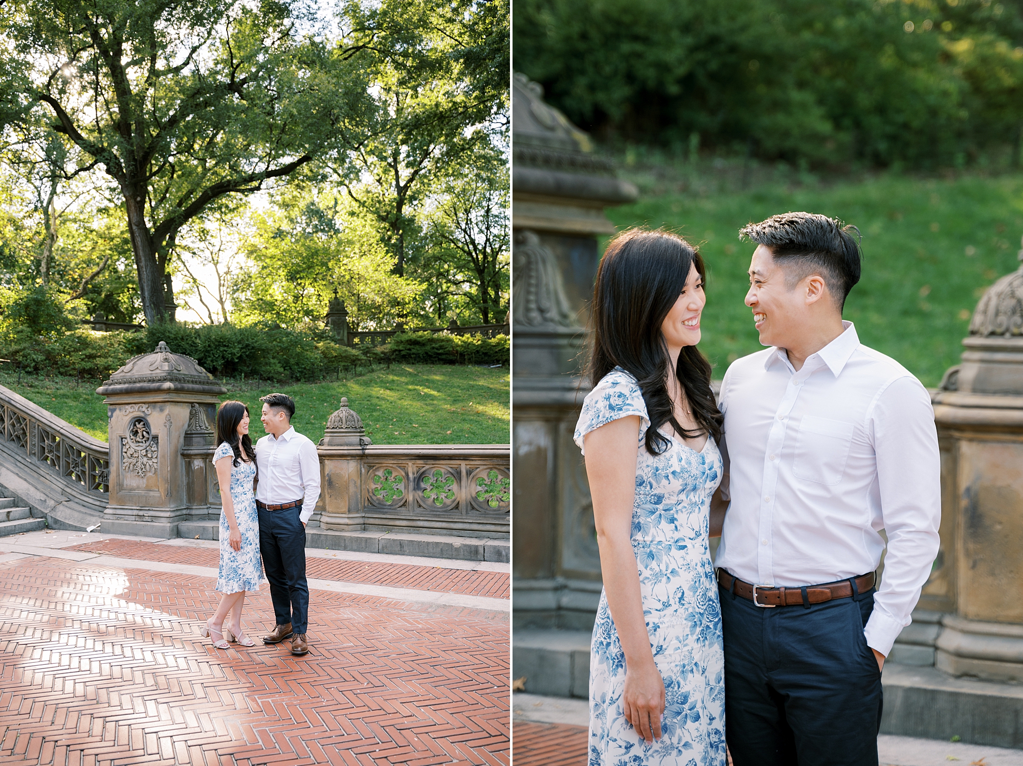 engaged couple hugs by stone wall in Central Park