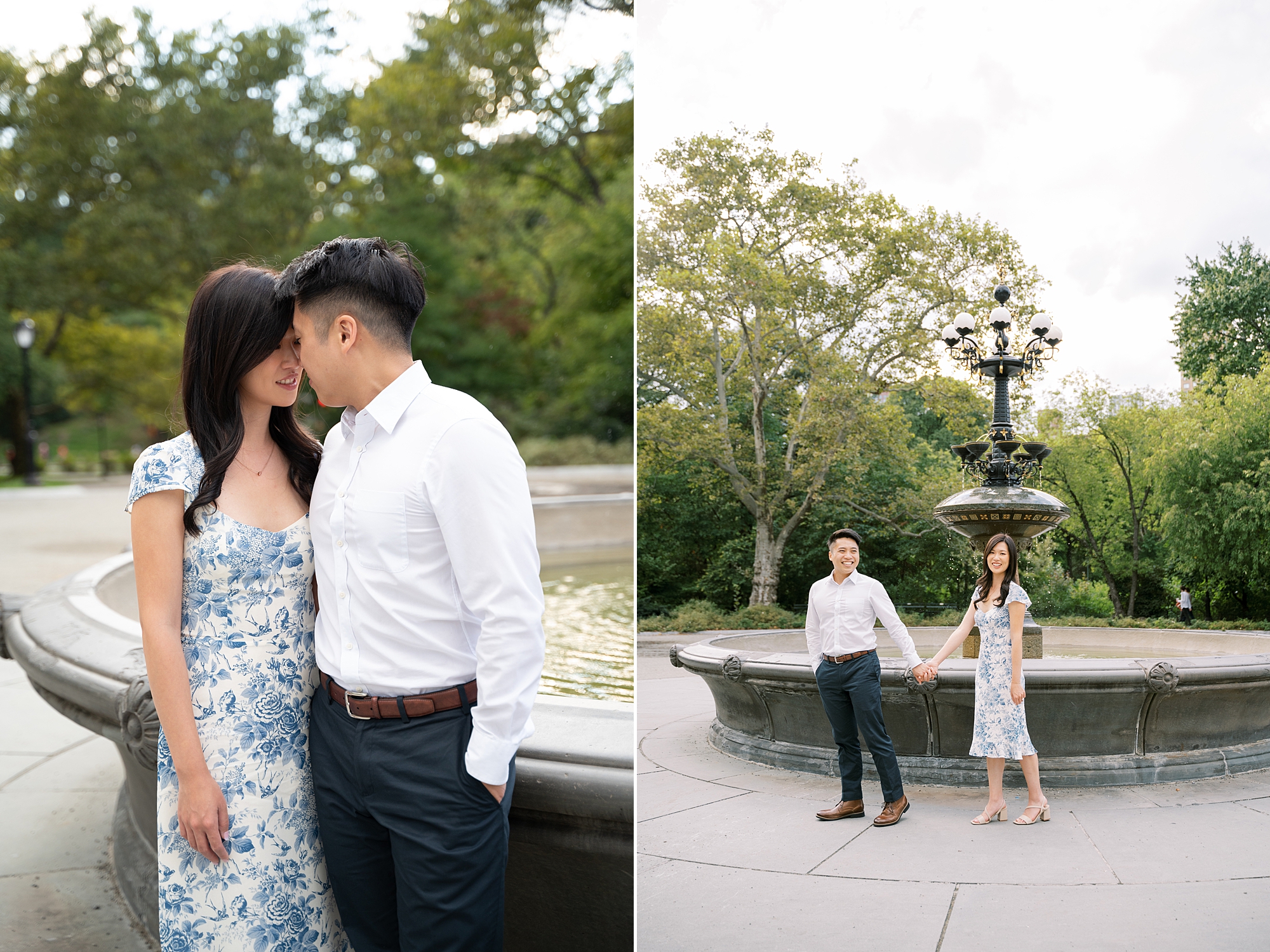 engaged couple walk by Bethesda Fountain in Central Park