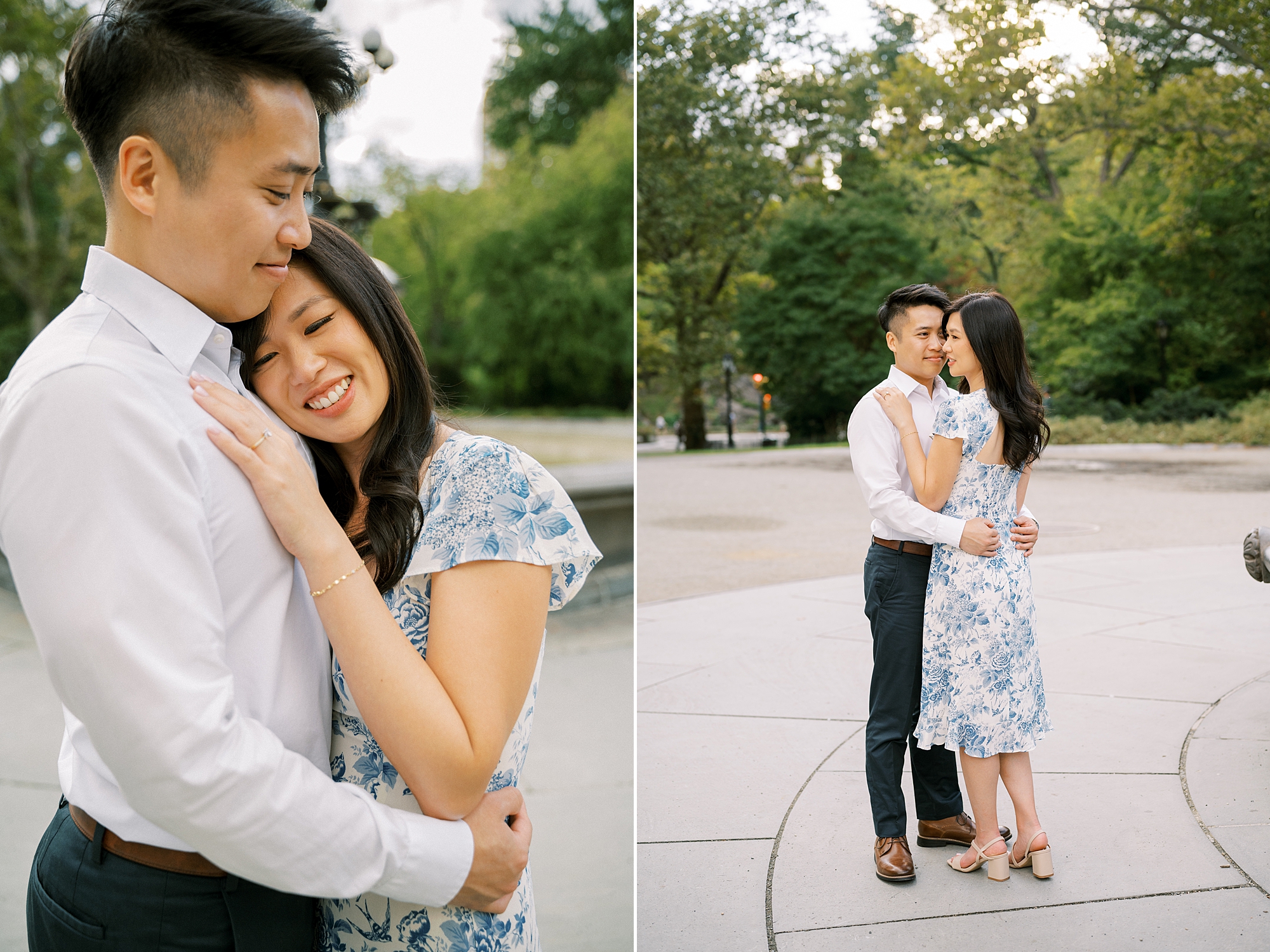 woman leans on man's chest during NYC engagement photos