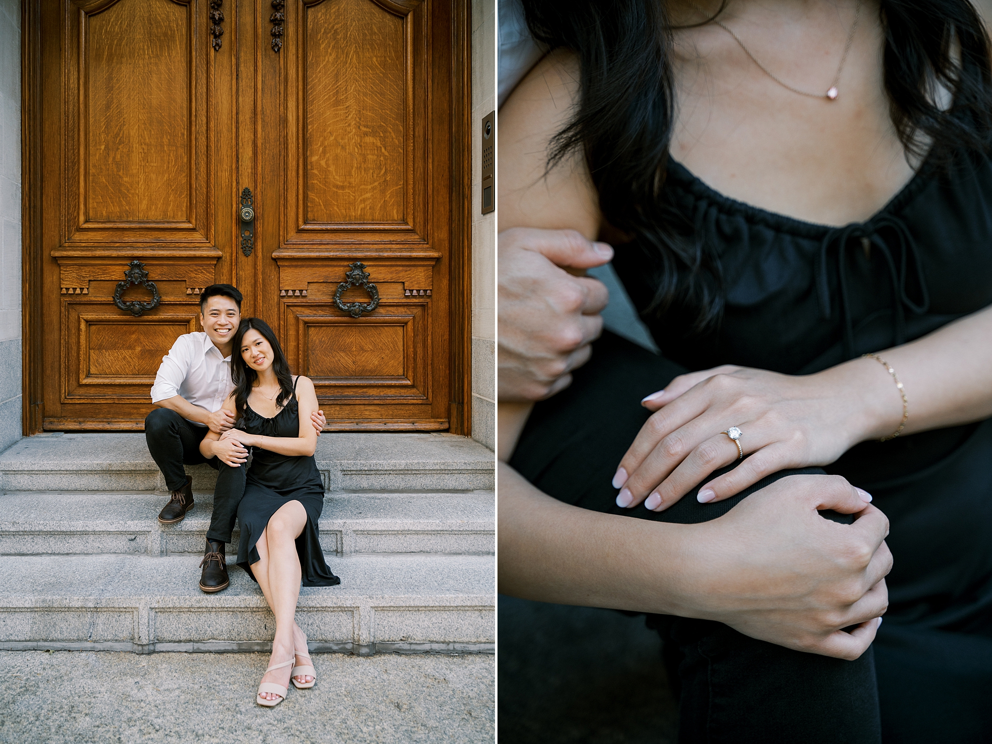 woman in black dress sits on steps by wooden door with fiancee during New York City engagement session