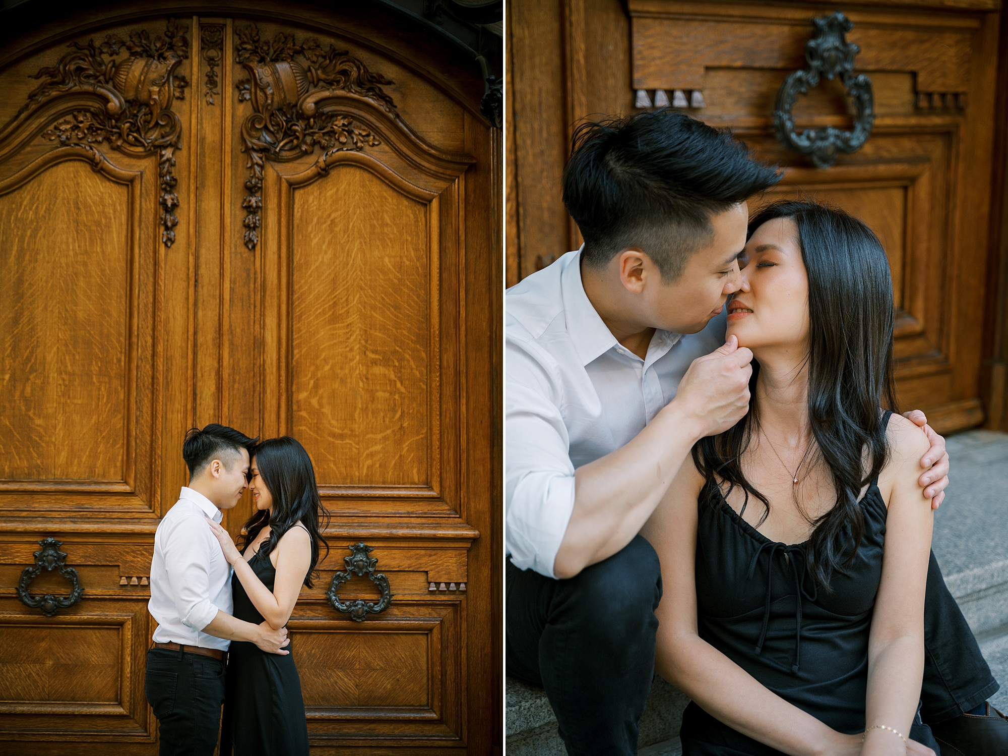 couple hugs by wooden door on steps in NYC