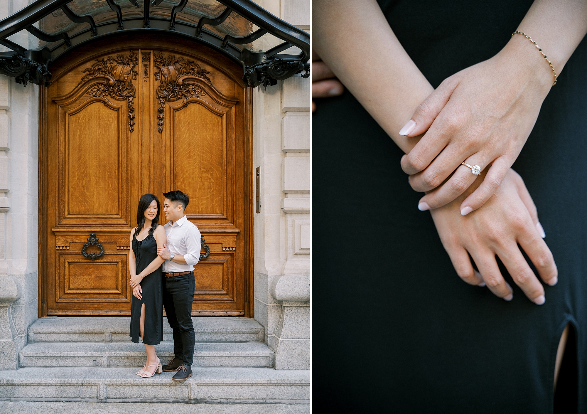 New York City engagement session for couple posing by wooden door on steps