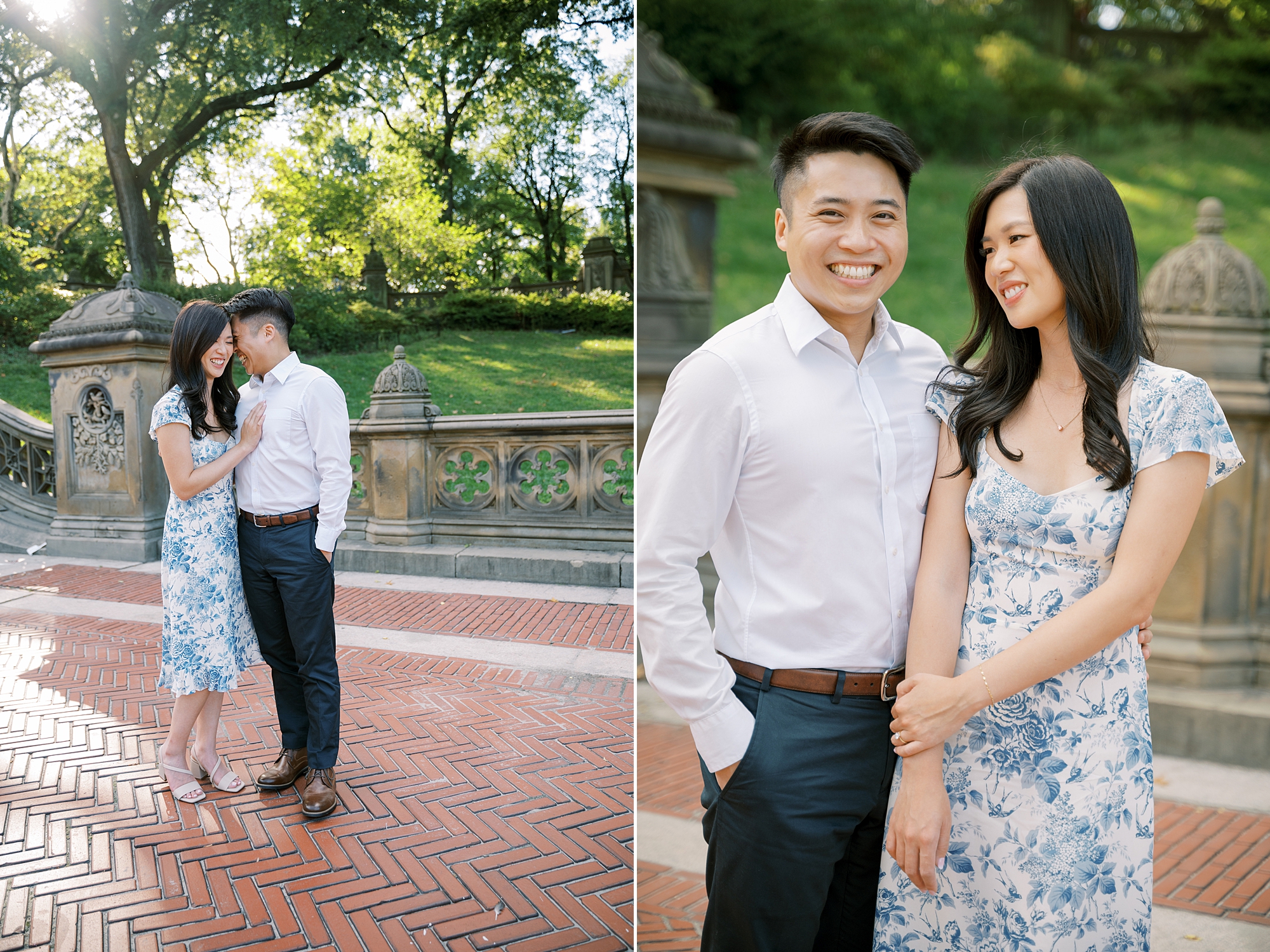 woman holds husbands hand during New York City engagement session