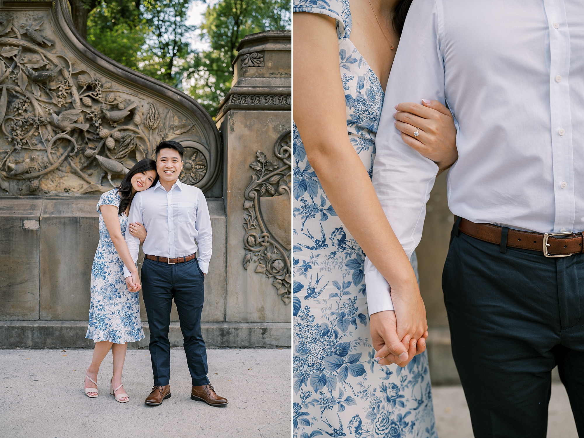 woman holds man's hand during engagement photos in Central Park