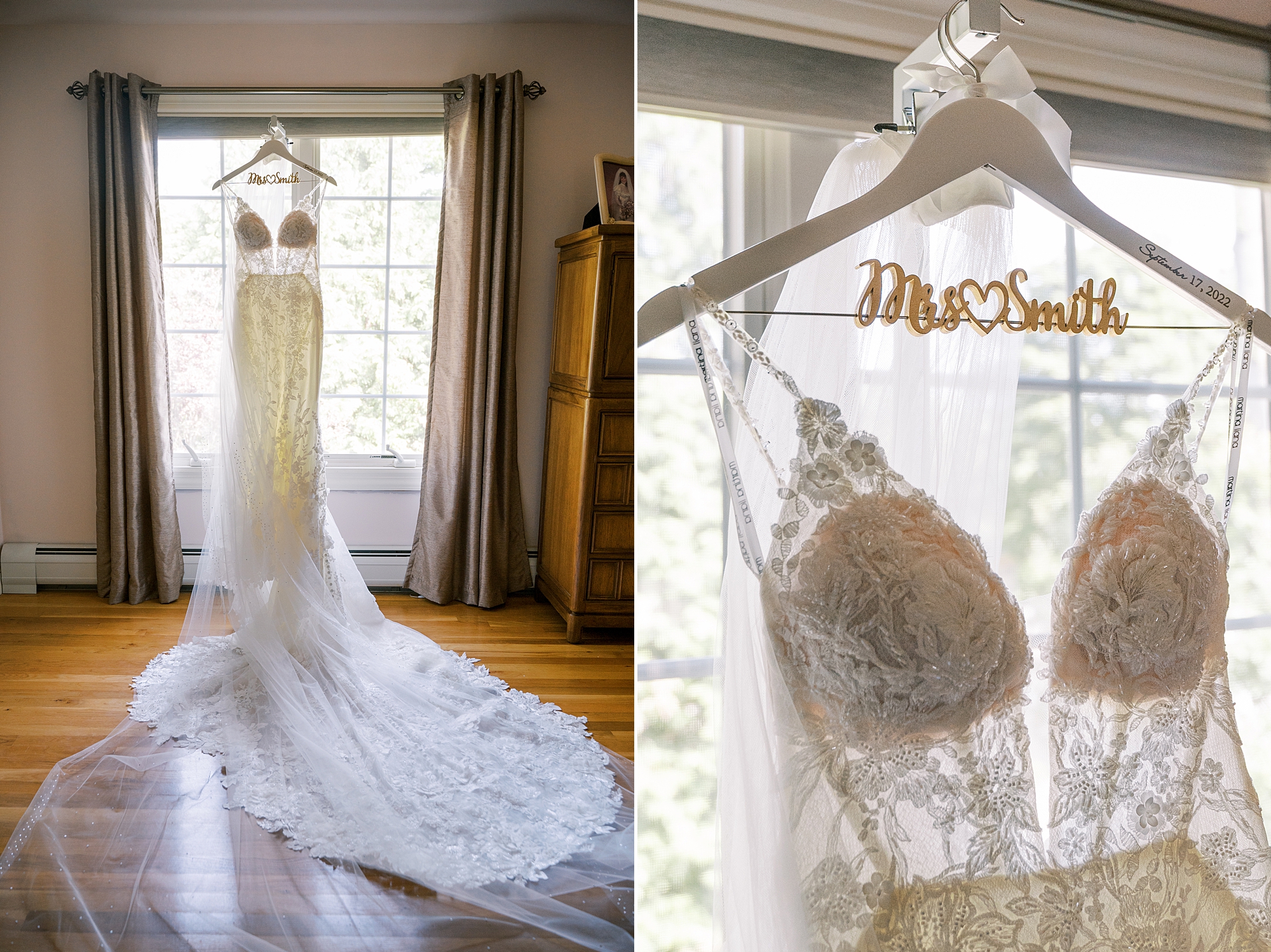 bride's wedding dress with lace bodice hangs in window 