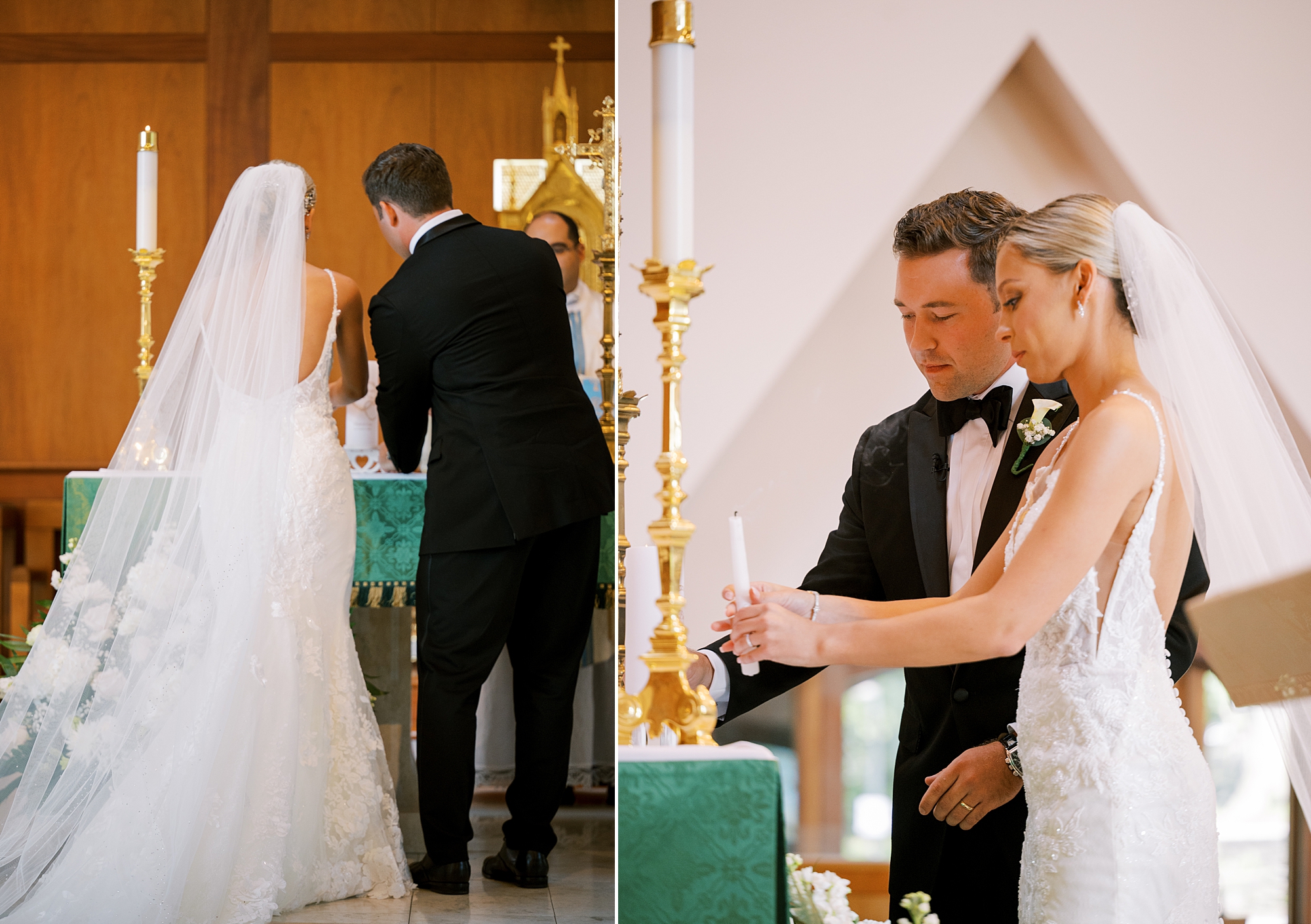 bride and groom light candle during traditional Catholic Church wedding at St. Augustine Catholic Church