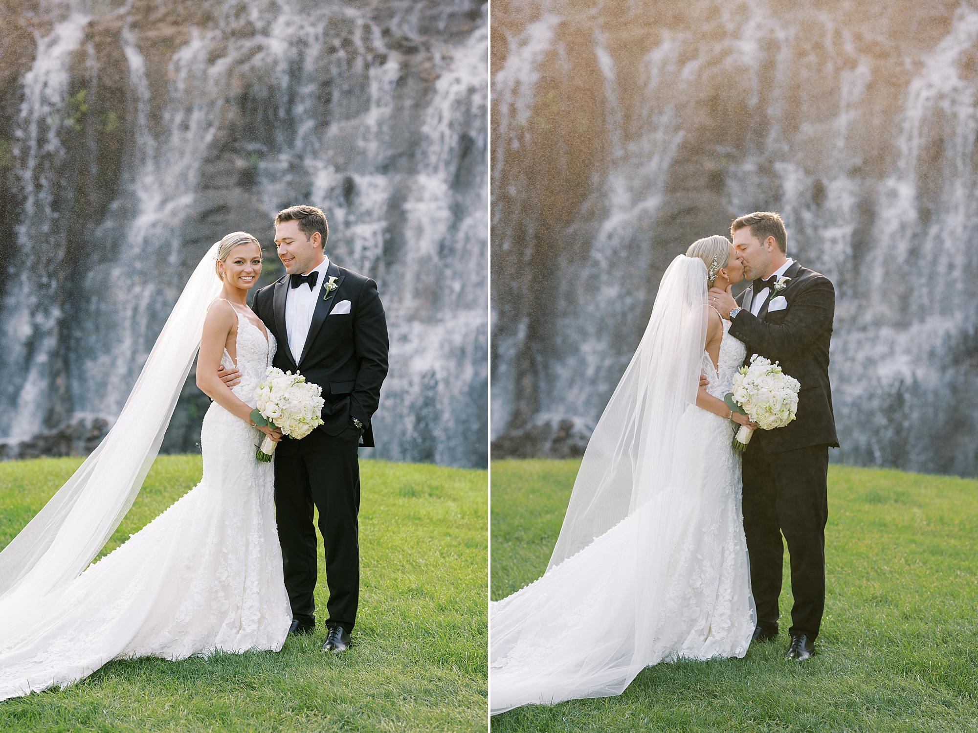 newlyweds kiss by waterfall at Trump National Golf Club Westchester