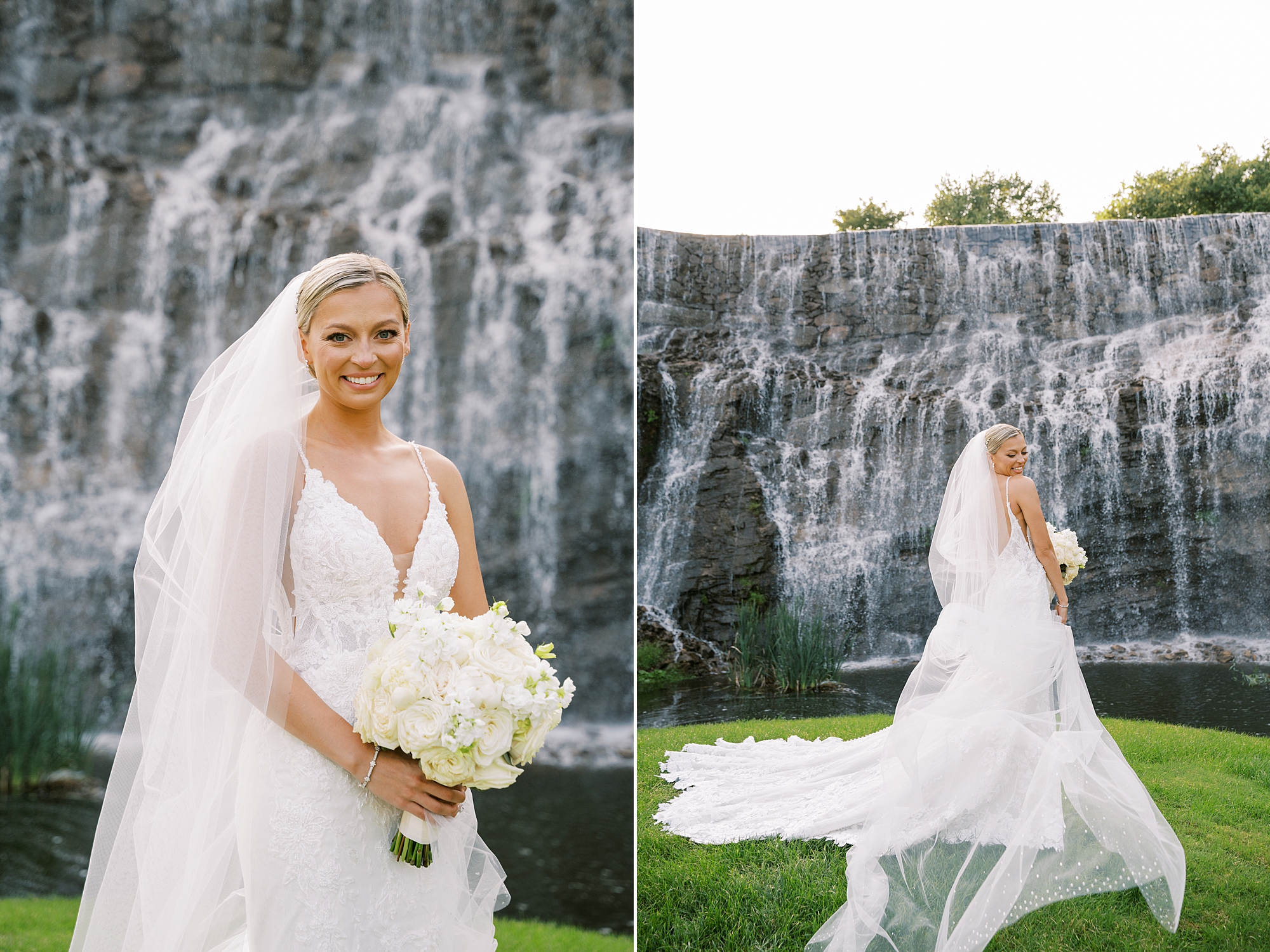 bride with classic updo poses with veil draped around shoulders 