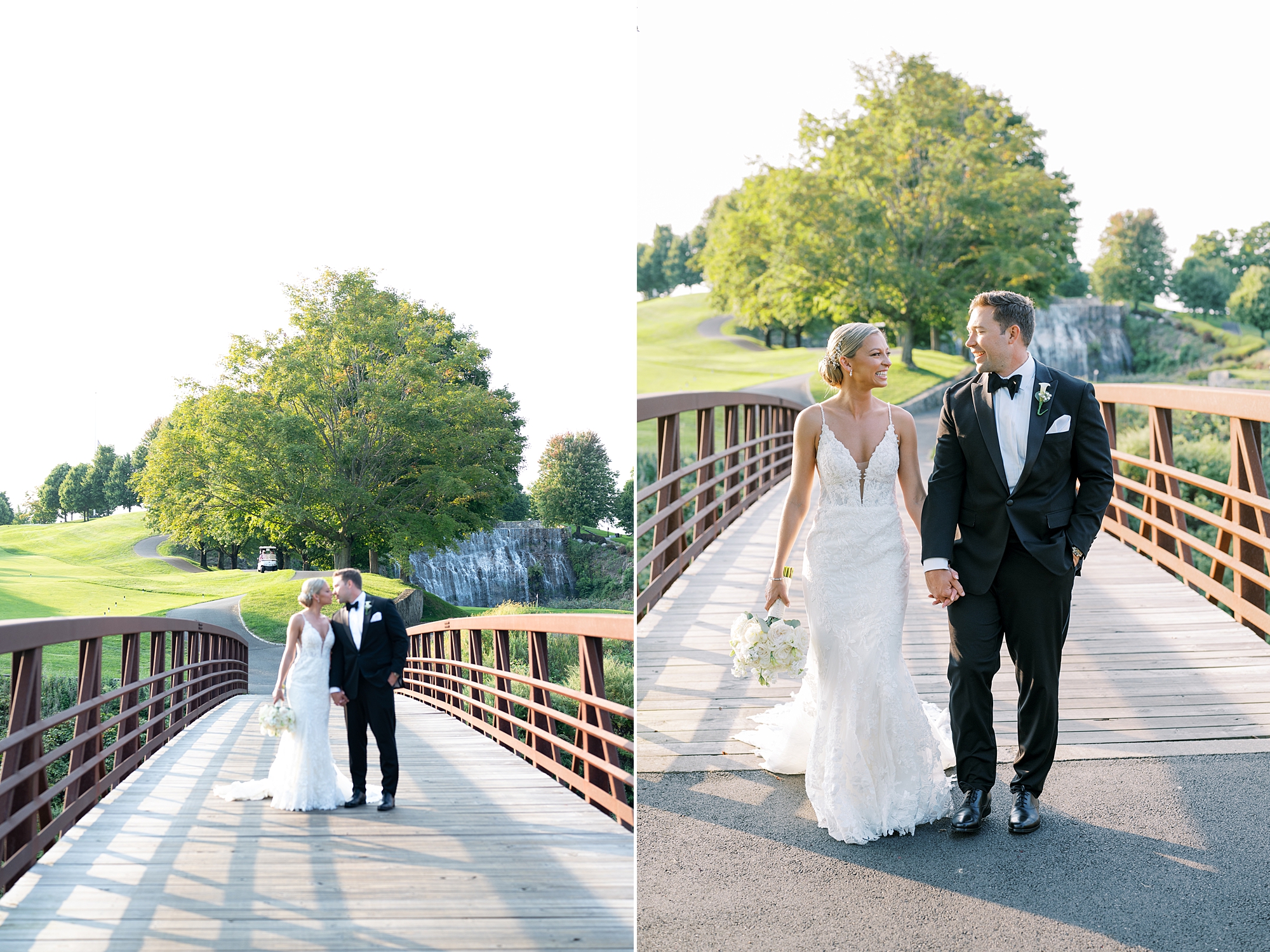 bride and groom hold hands walking over wooden bridge