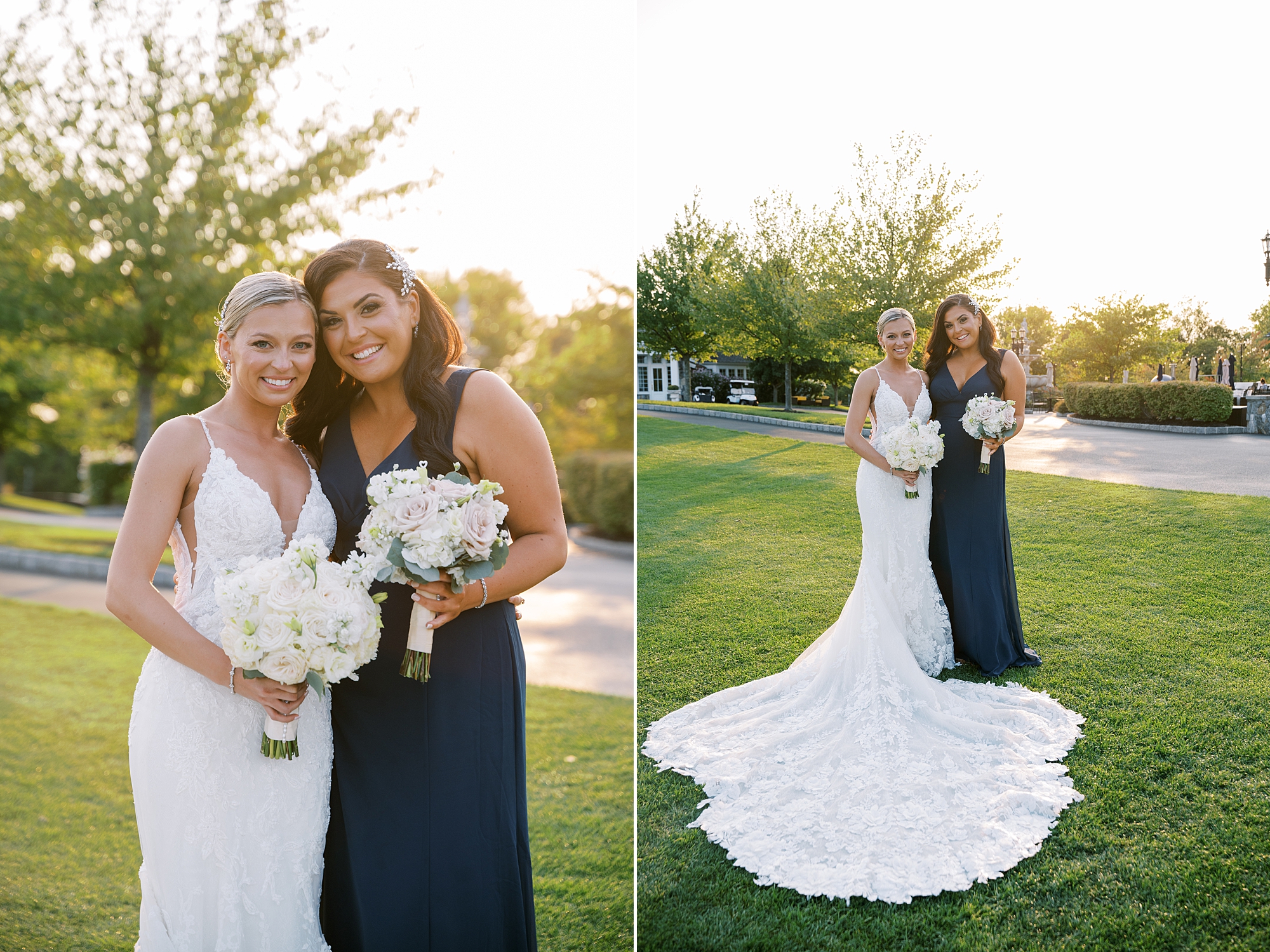 bride poses with sister on wedding day in New York 
