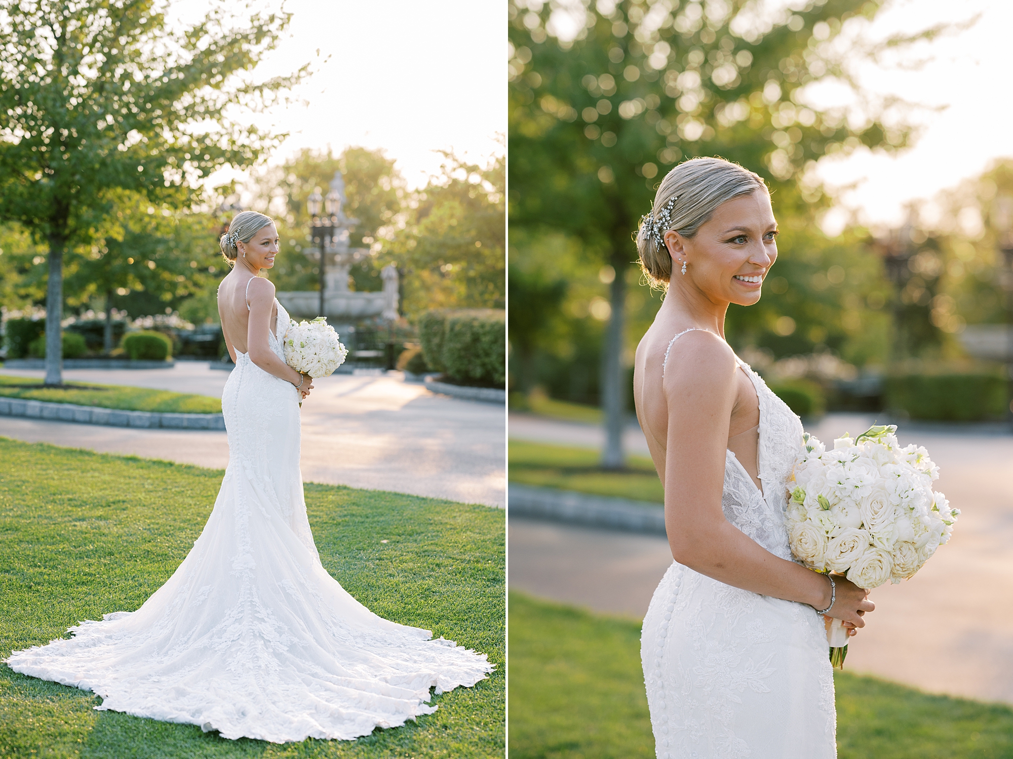 bride poses looking over shoulder holding bouquet of ivory flowers 