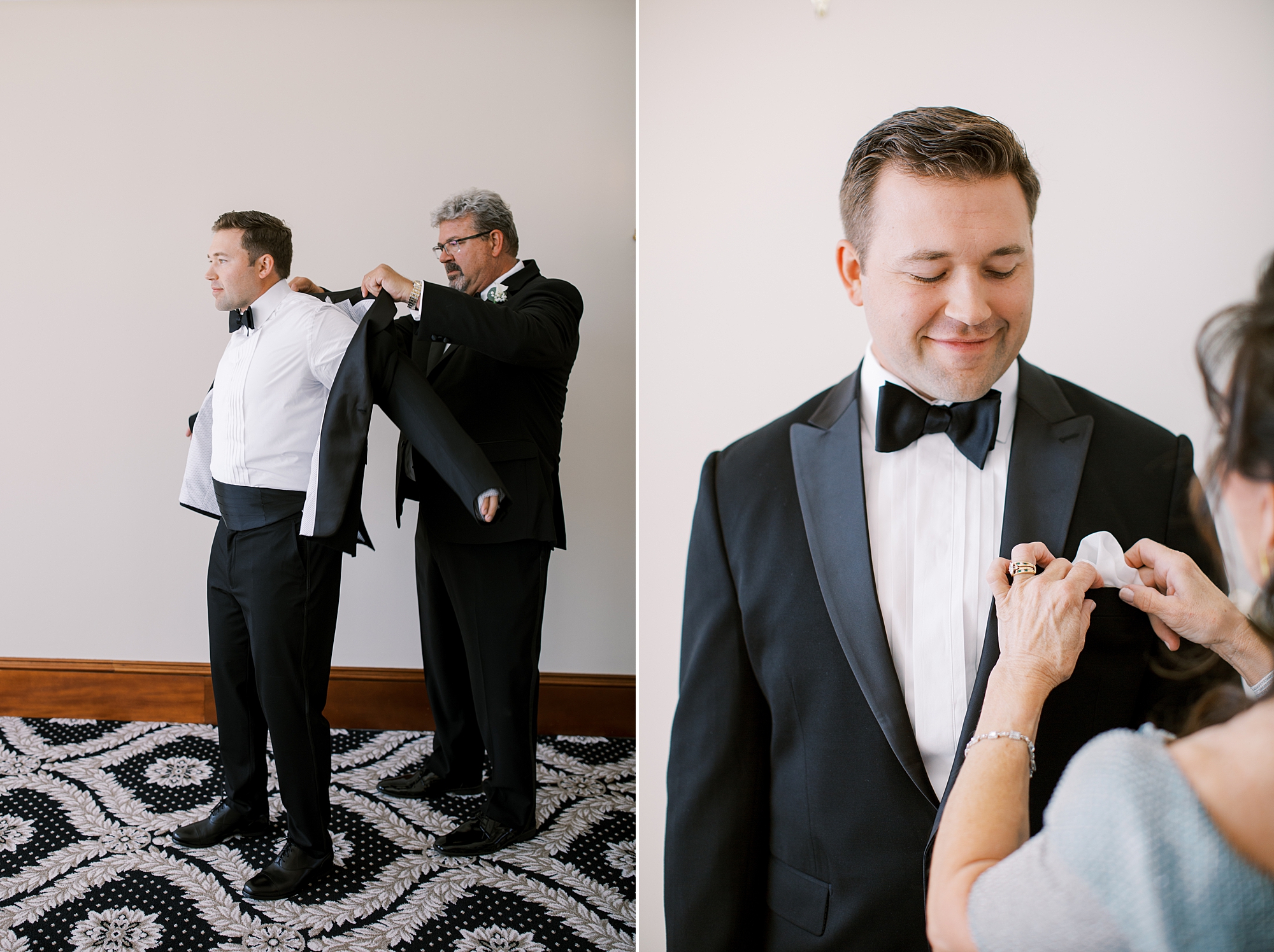 dad helps groom into black tux jacket